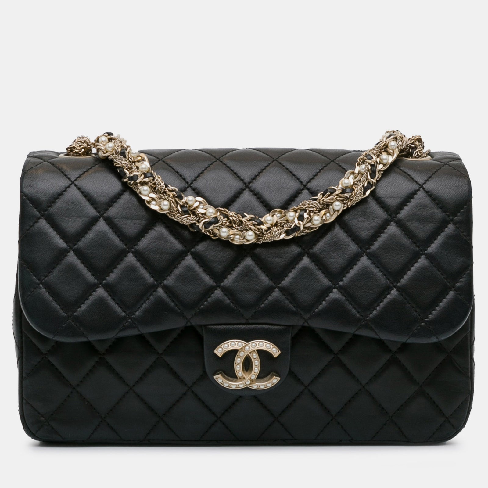 Chanel Schwarze, gesteppte Westminster-Flap-Tasche aus Lammleder mit Perlen