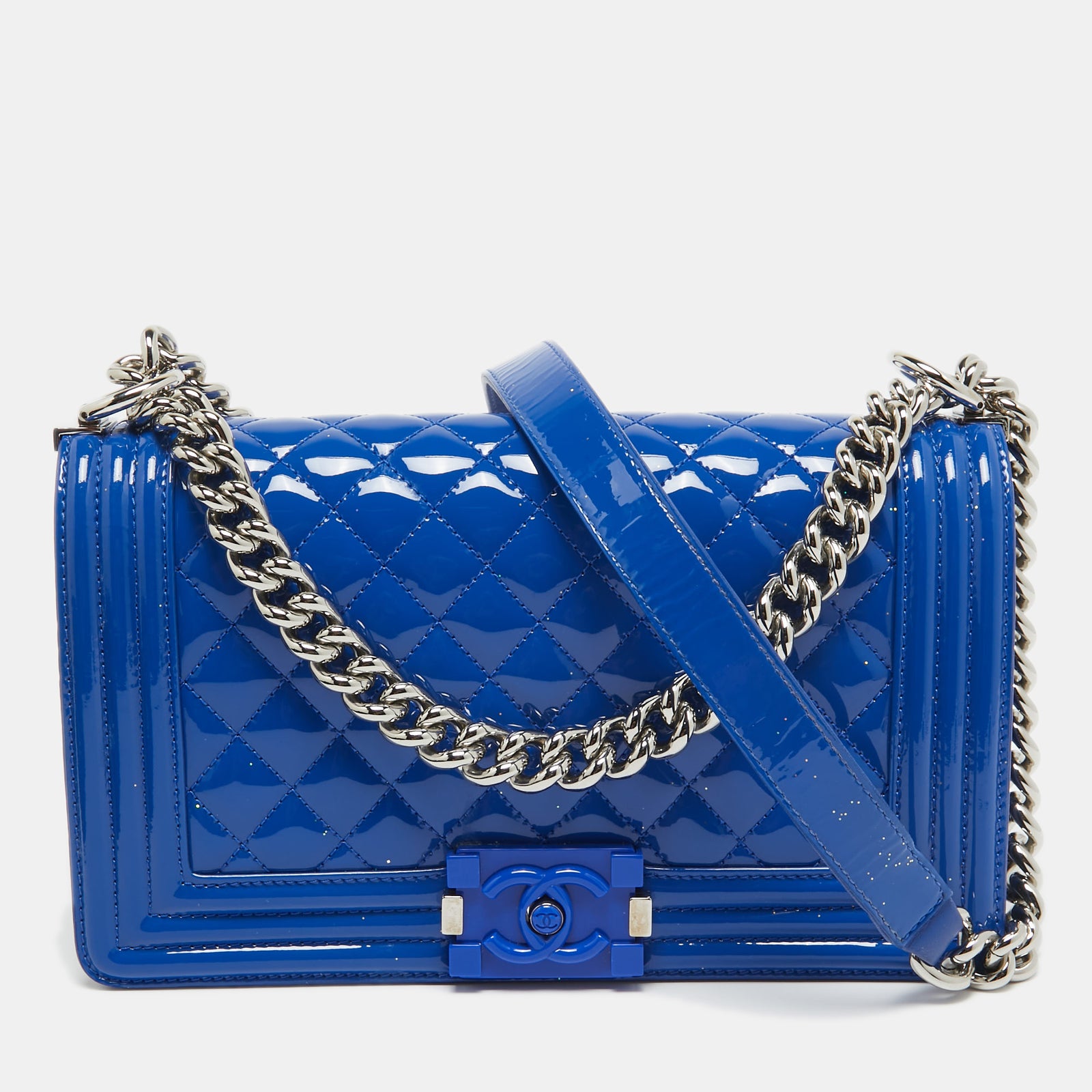 Chanel Blue Quilted Patent Leather Medium Boy Flap Bag