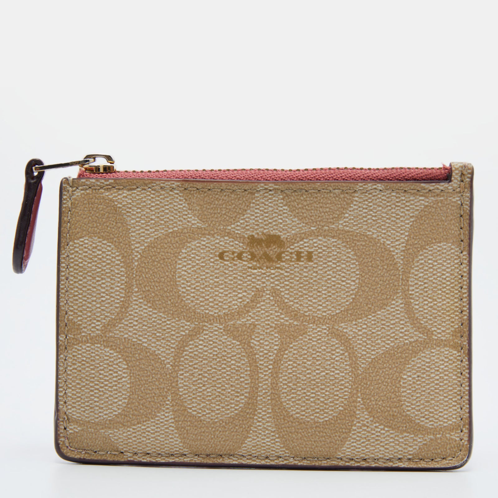 Coach Beige/Pink Signature Coated Canvas and Leather Zip Card Holder