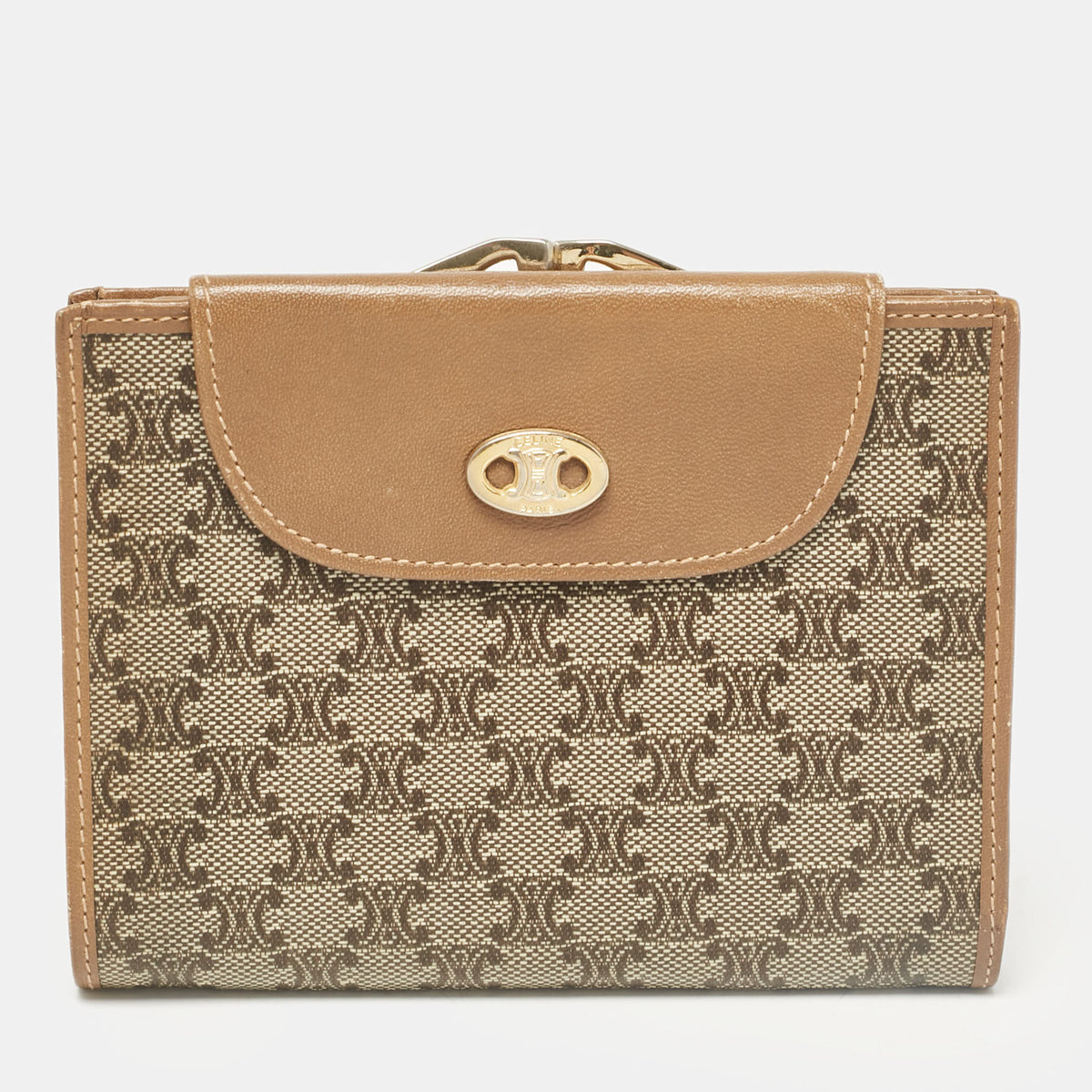 Celine Tan Macadam Coated Canvas and Leather Kisslock Compact Wallet