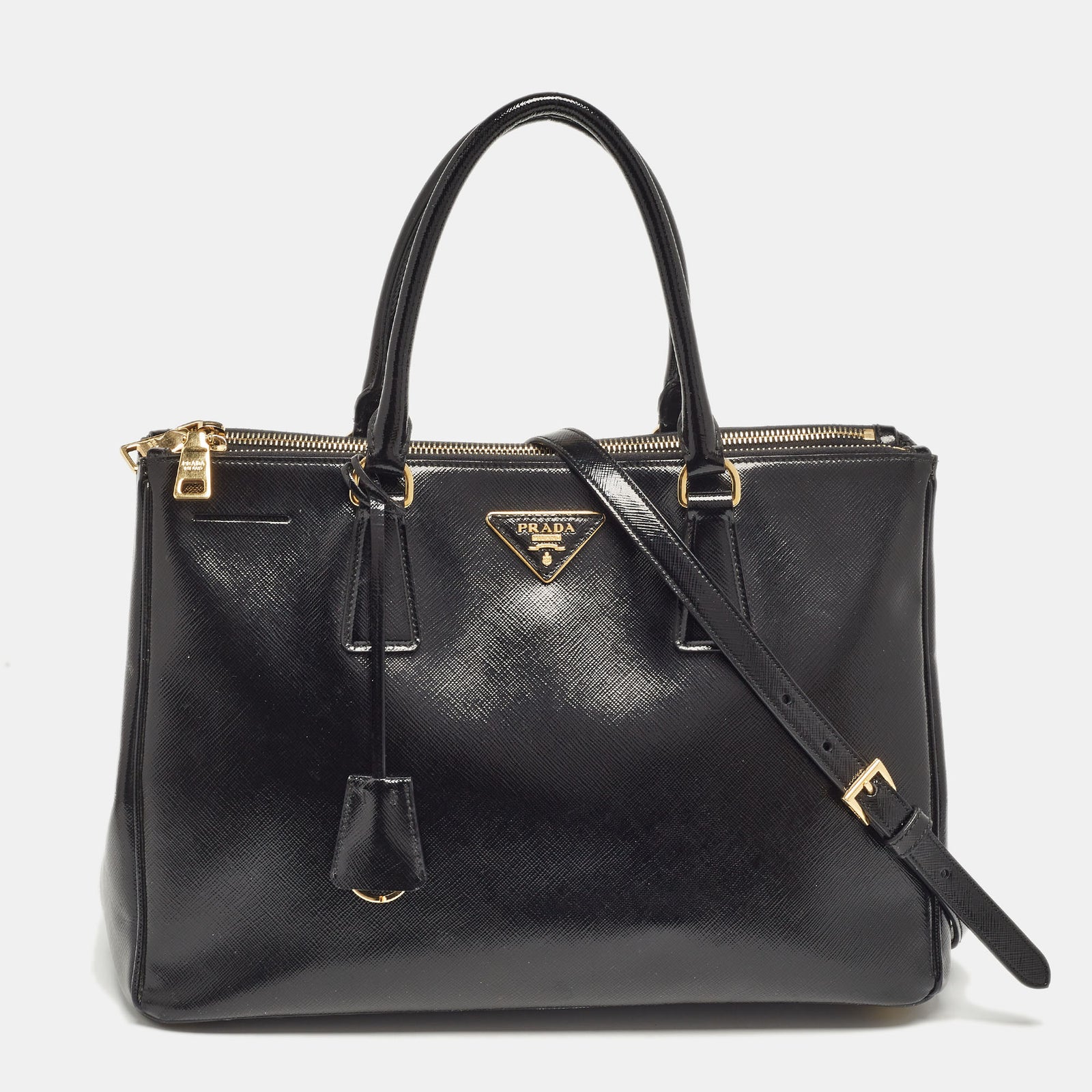 Prada Black Saffiano Patent Leather Medium Double Zip Tote