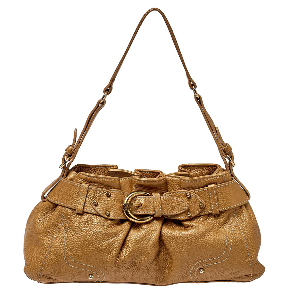 Aigner Metallic Beige Pleated Leather Satchel