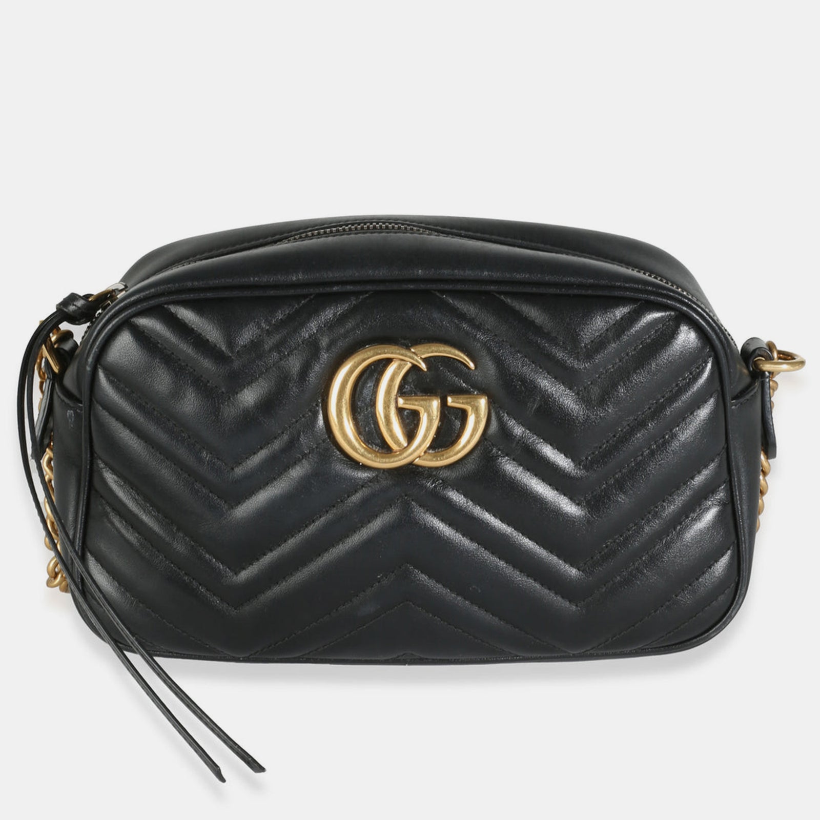 Gucci Kleine GG Marmont-Tasche aus Matelassé-Leder in Schwarz mit Kettenriemen