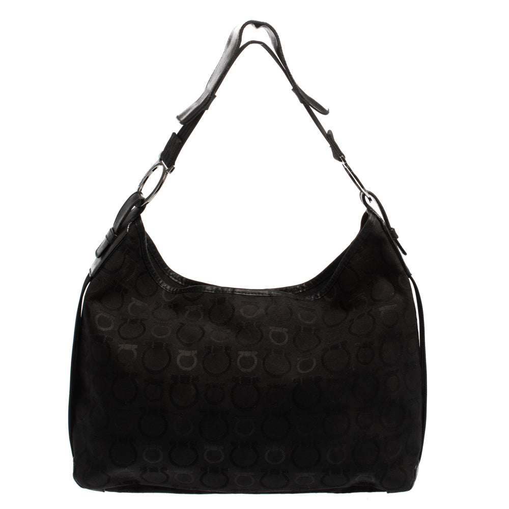 Salvatore Ferragamo Black Monogram Canvas and Leather Hobo