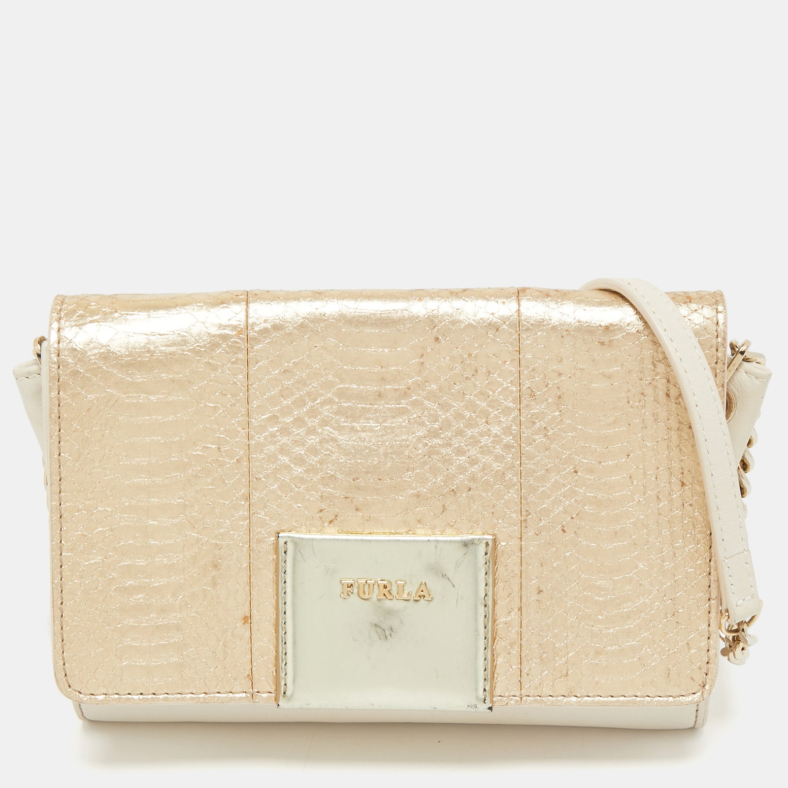 Furla Gold/Cream Leather and Python Embossed Leather Shoulder Bag