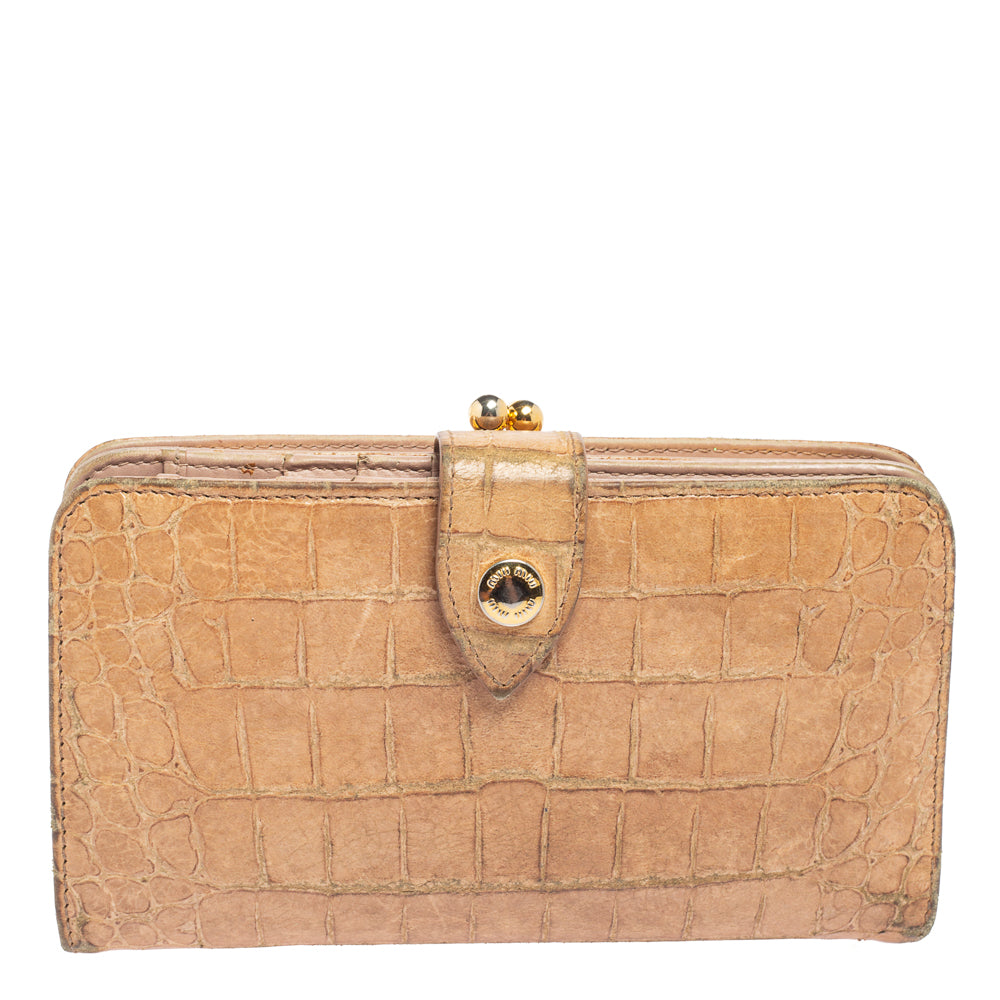 Miu Miu Beige Croc Embossed Leather Long Wallet