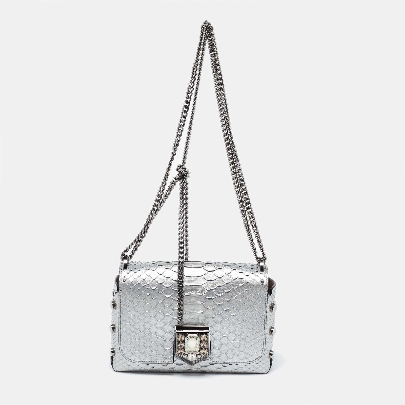 Jimmy Choo Silver Snakeskin Lockett City Shoulder Bag