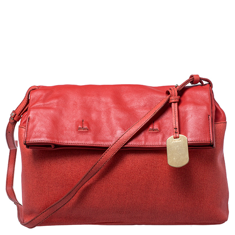 Furla Orange Leather Fold Over Shoulder Bag