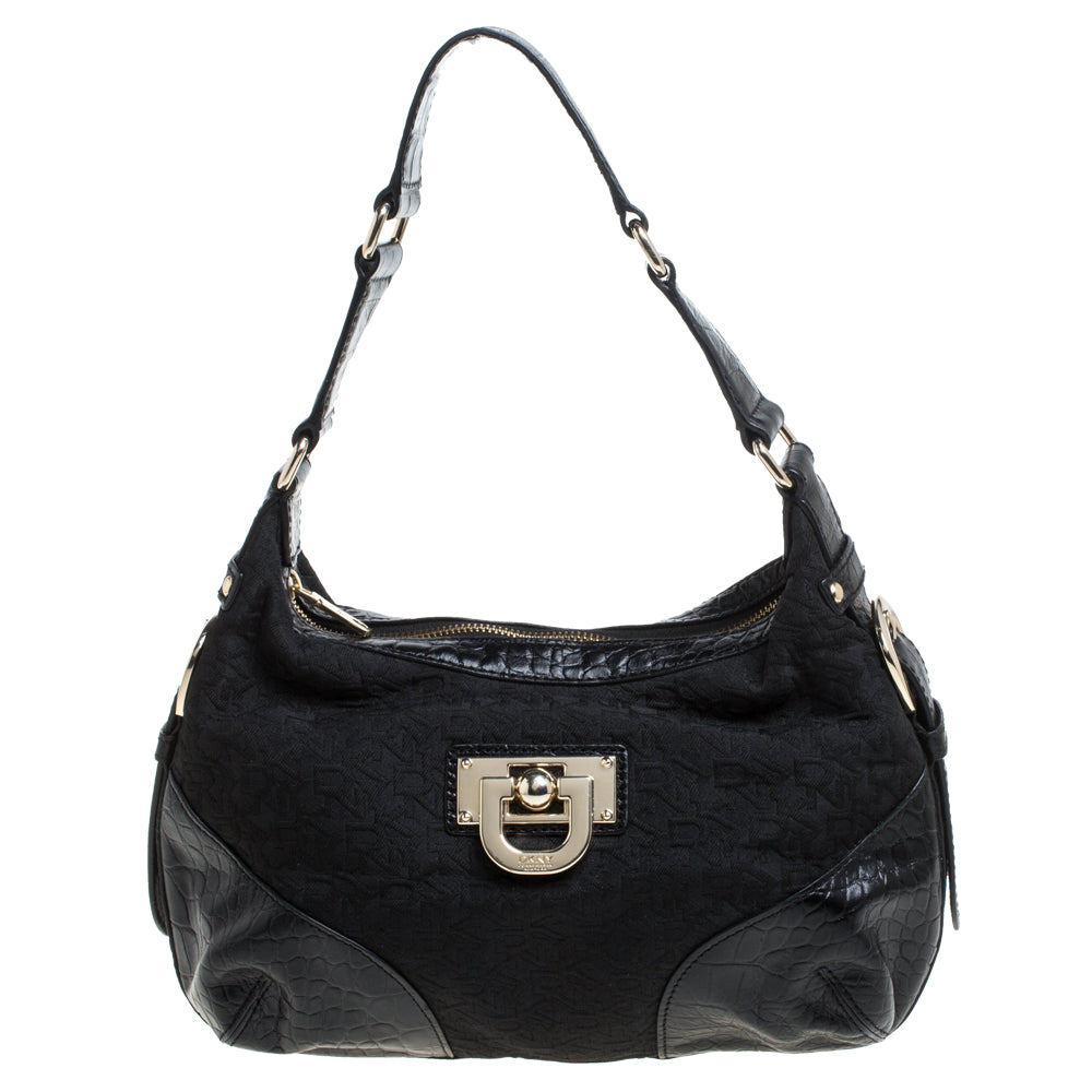 DKNY Black Signature Canvas and Croc Embossed Leather Buckle Hobo