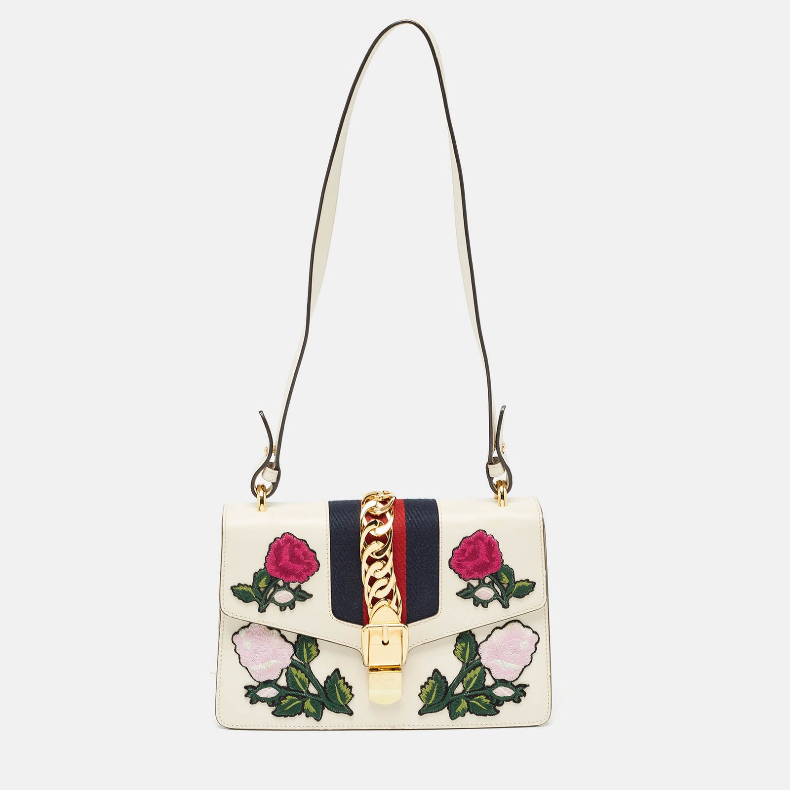 Gucci Off White Leather Small Web Embroidered Sylvie Shoulder Bag