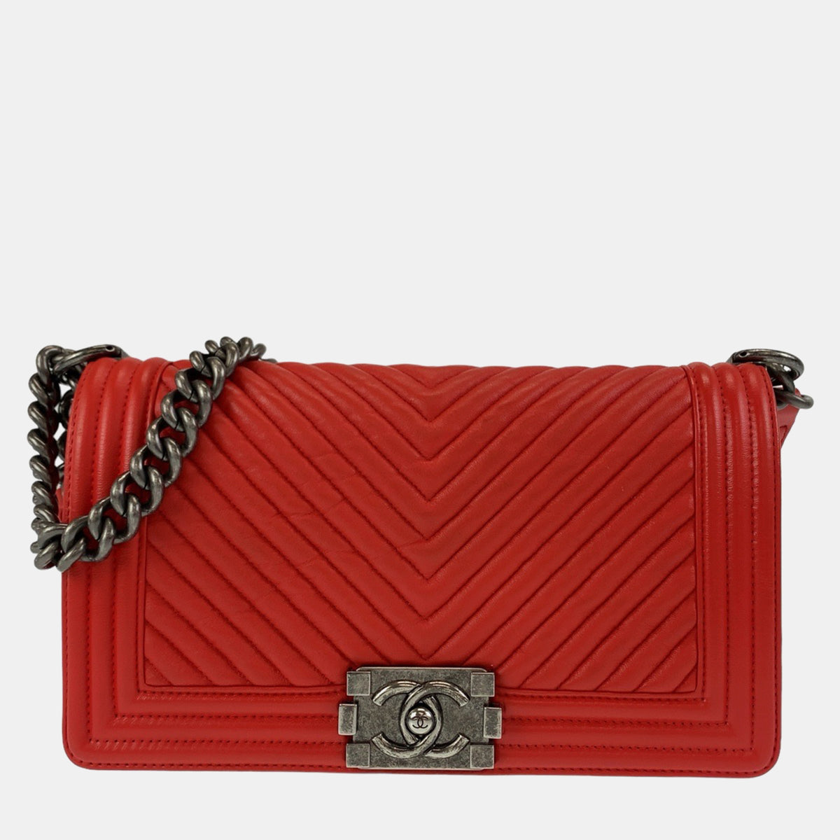 Chanel Red Chevron Leather Medium Boy Shoulder Bag
