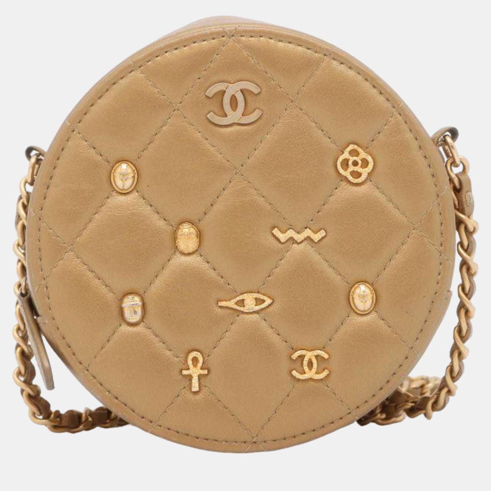 Chanel Runde Umhängetasche aus goldenem Leder mit ägyptischem Amulett „Paris-New York“