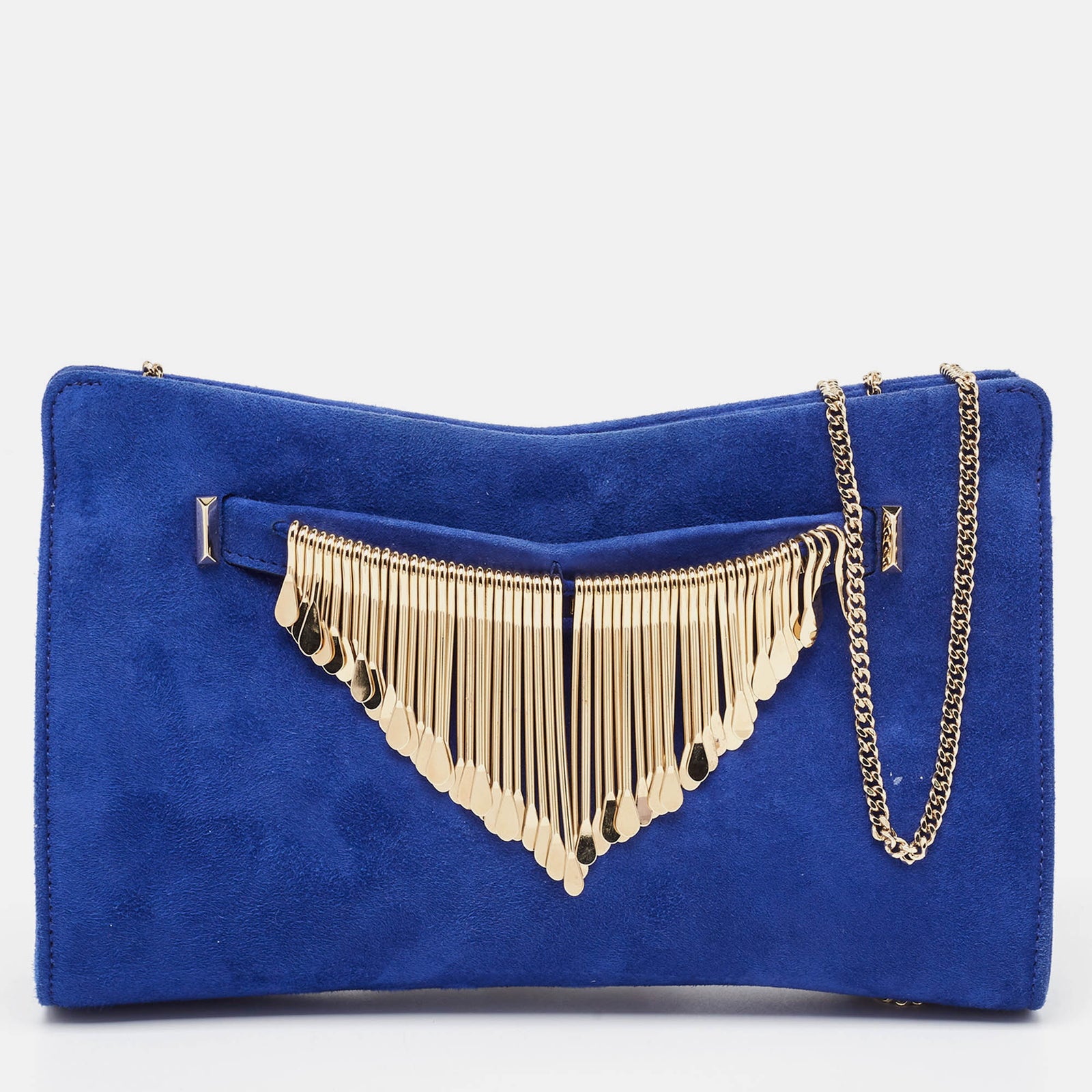 Jimmy Choo Blue Alcantara Fringe Bracelet Venus Chain Clutch