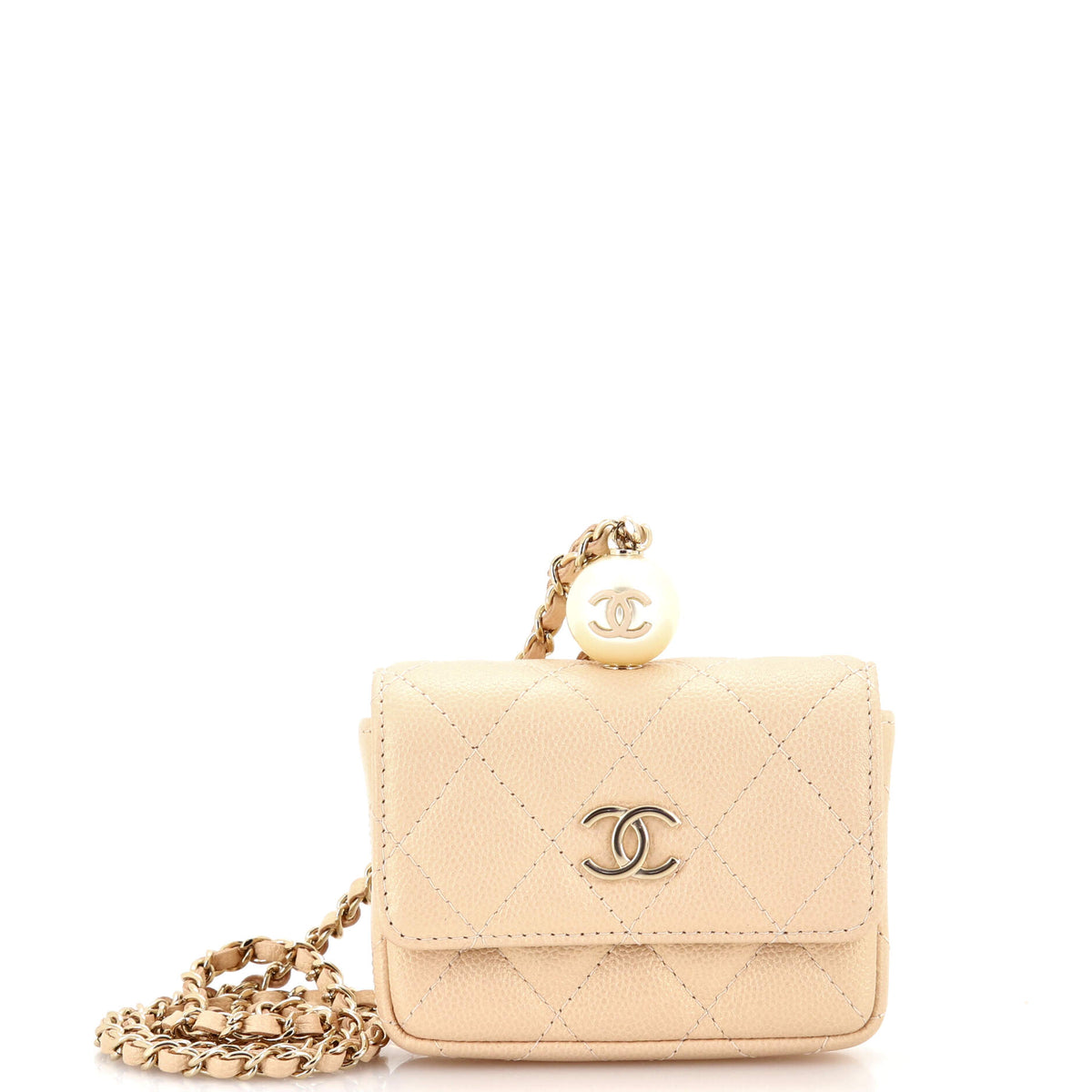Chanel CHANEL CC Pearl Coin Card Holder with Chain Quilted Iridescent Caviar