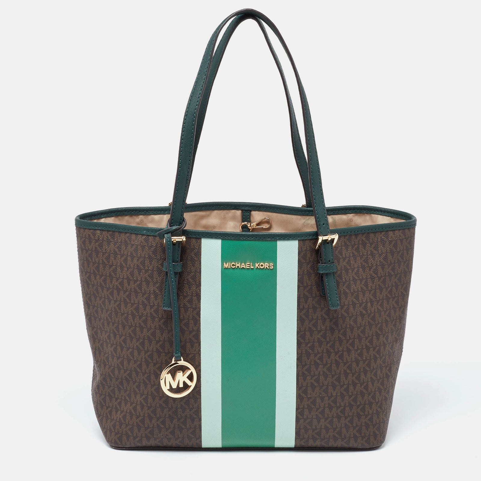 Michael Kors Brown/Green Signature Coated Canvas and Leather Tote