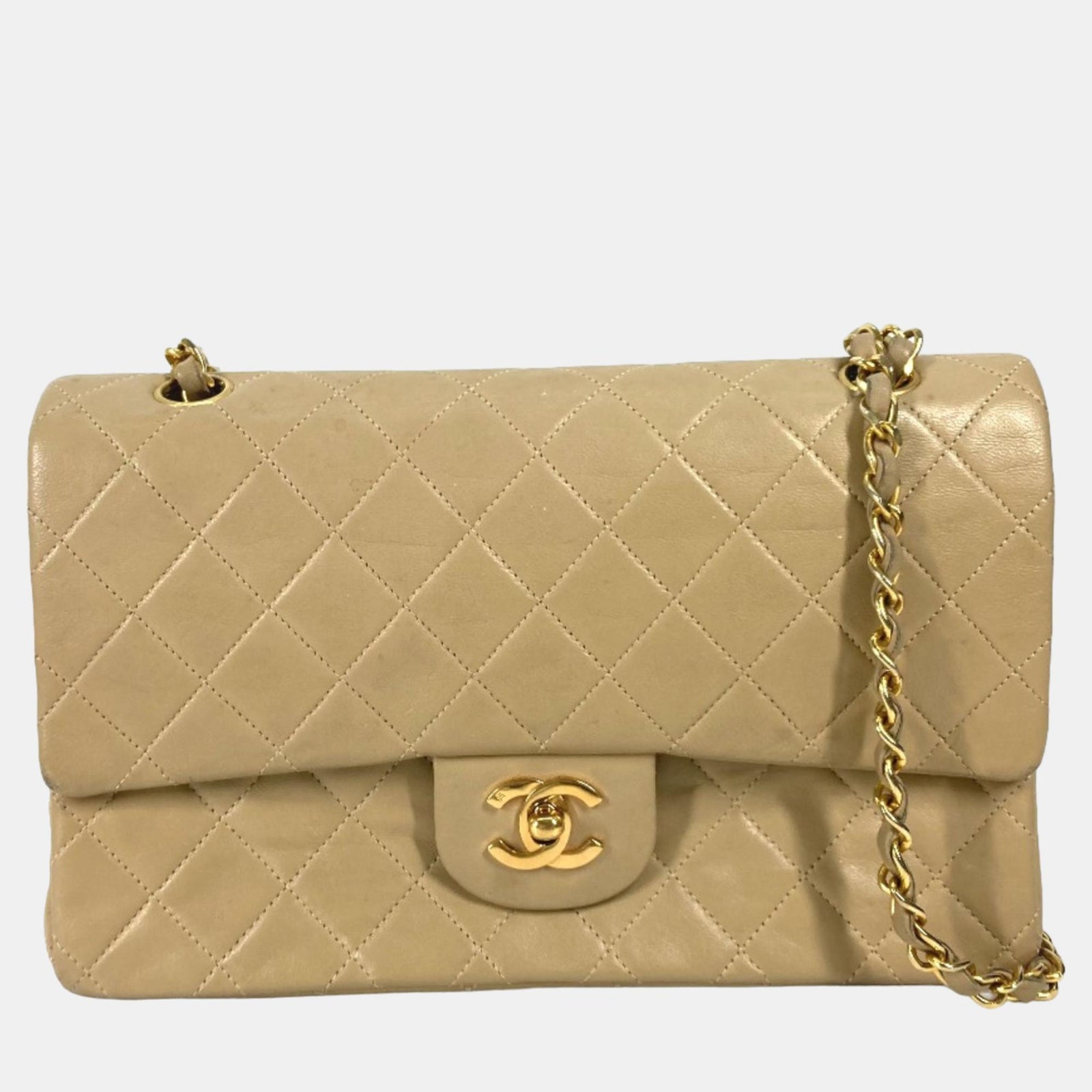 Chanel Sacs à bandoulière classiques à double rabat de taille moyenne en cuir beige