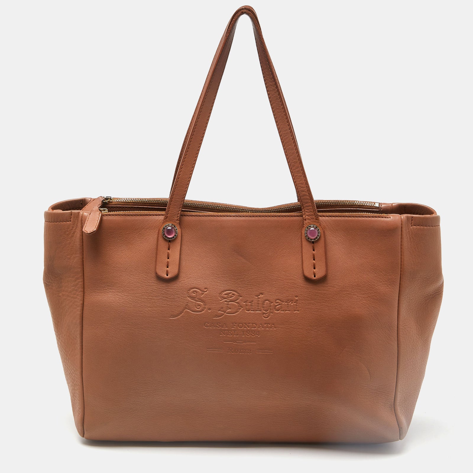 Bvlgari Brown Leather Double Zip Shopper Tote