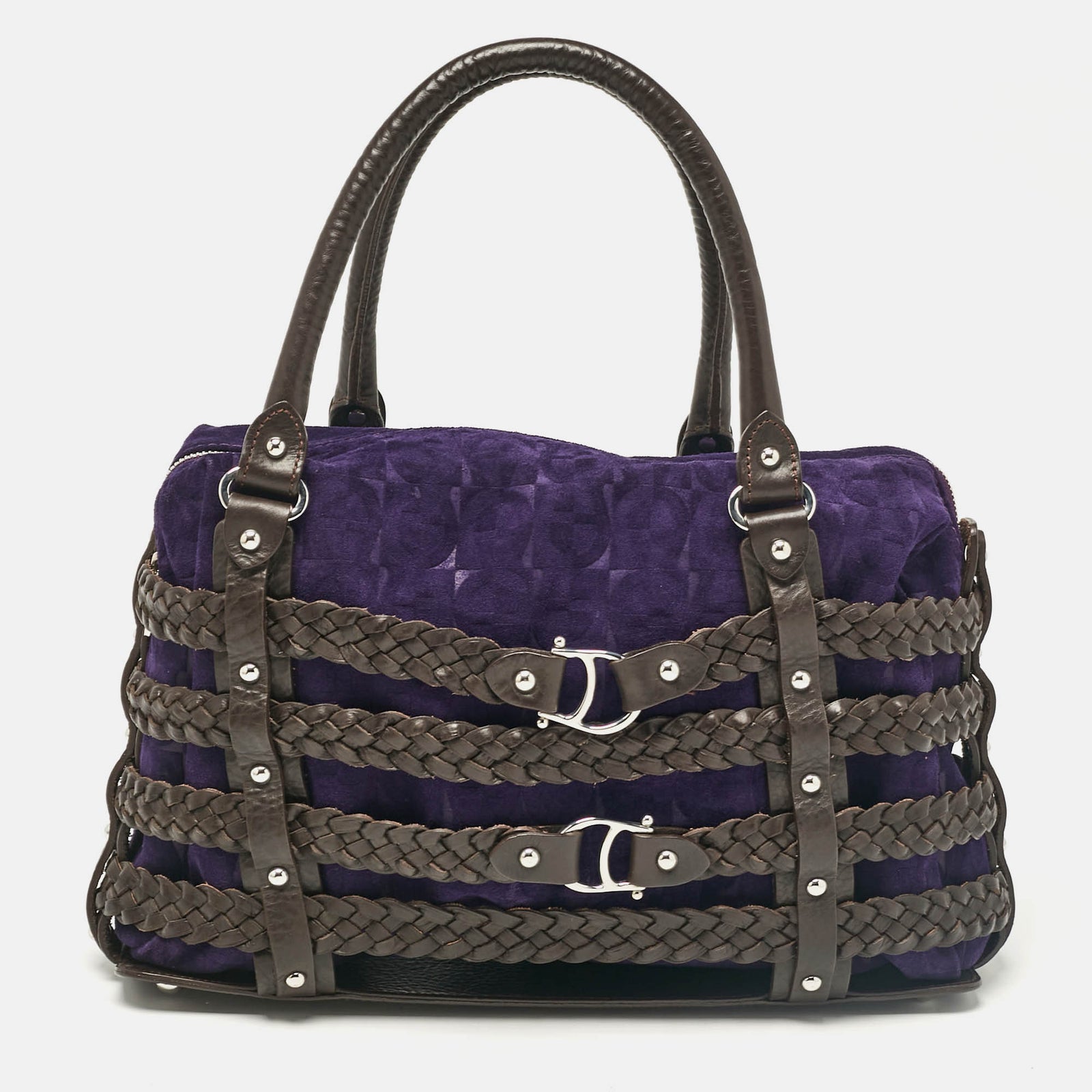 Aigner Dark Brown/Purple Leather and Suede Braided Cage Satchel