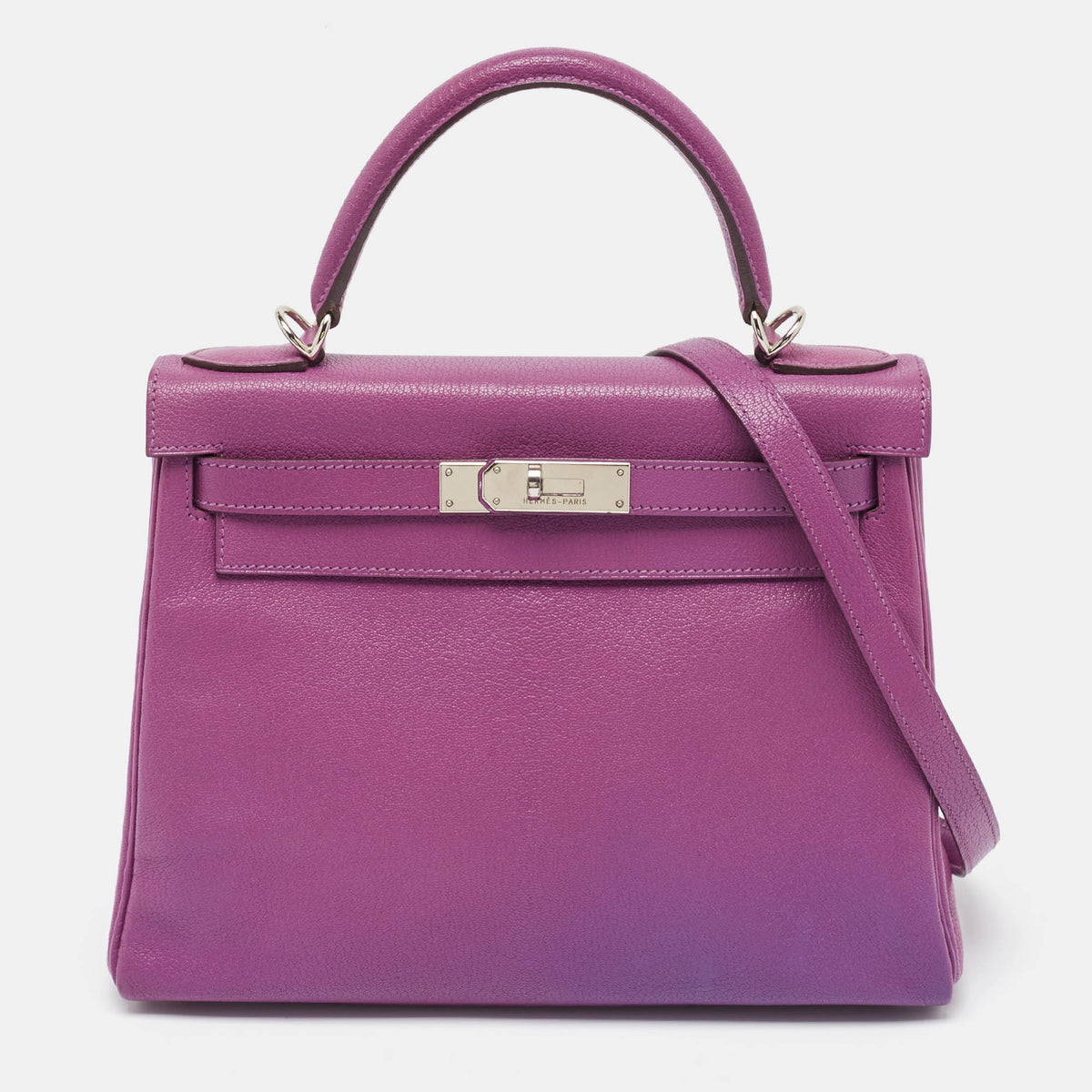 Hermès Cyclamen Chevre Mysore Leather Palladium Finish Kelly Retourne 28 Bag