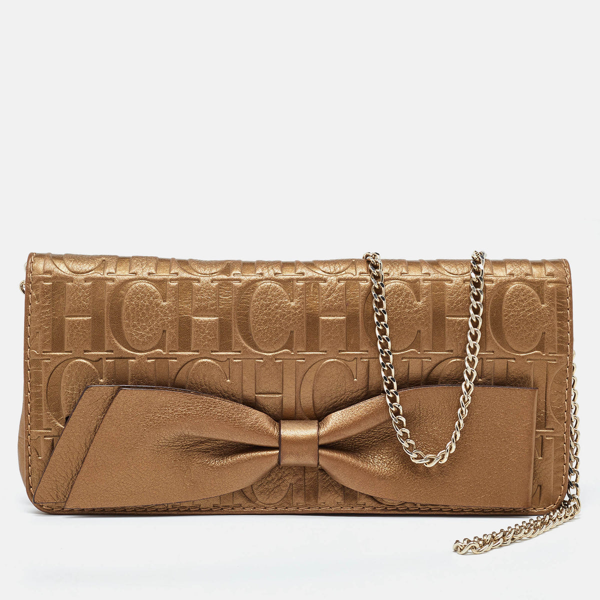 Ch Carolina Herrera Gold Monogram Leather Bow Chain Clutch