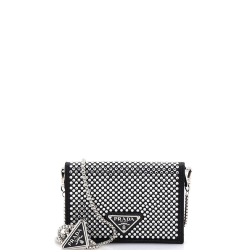 PRADA Flap Card Holder with Chain Satin with Crystals