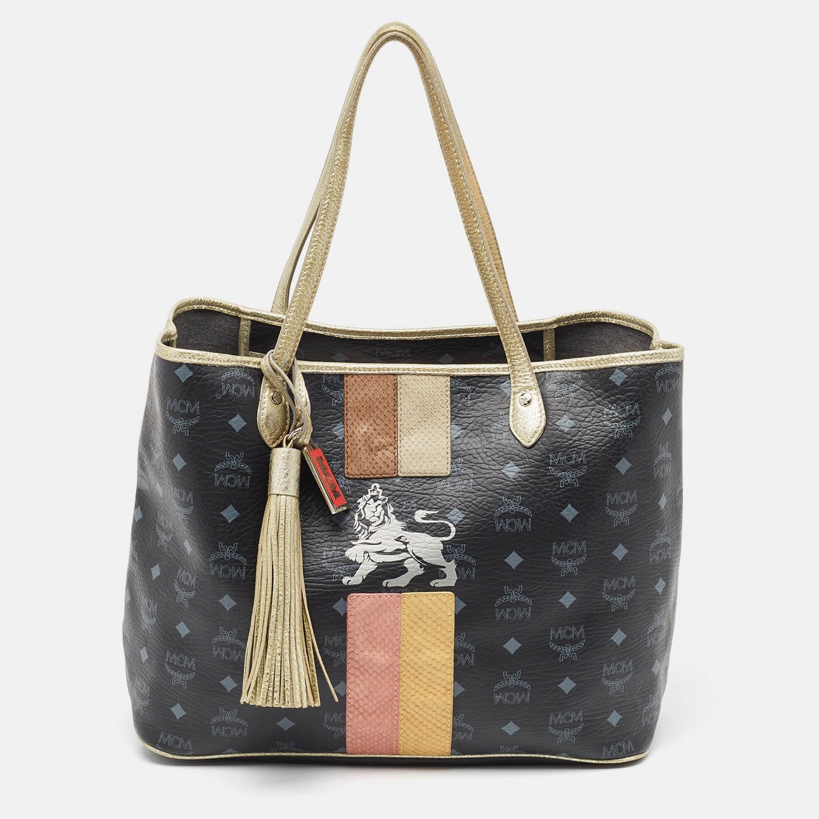 MCM Shopper-Tasche „Princess Lion“ aus beschichtetem Canvas in Dunkelblau/Mehrfarbig mit Visetos