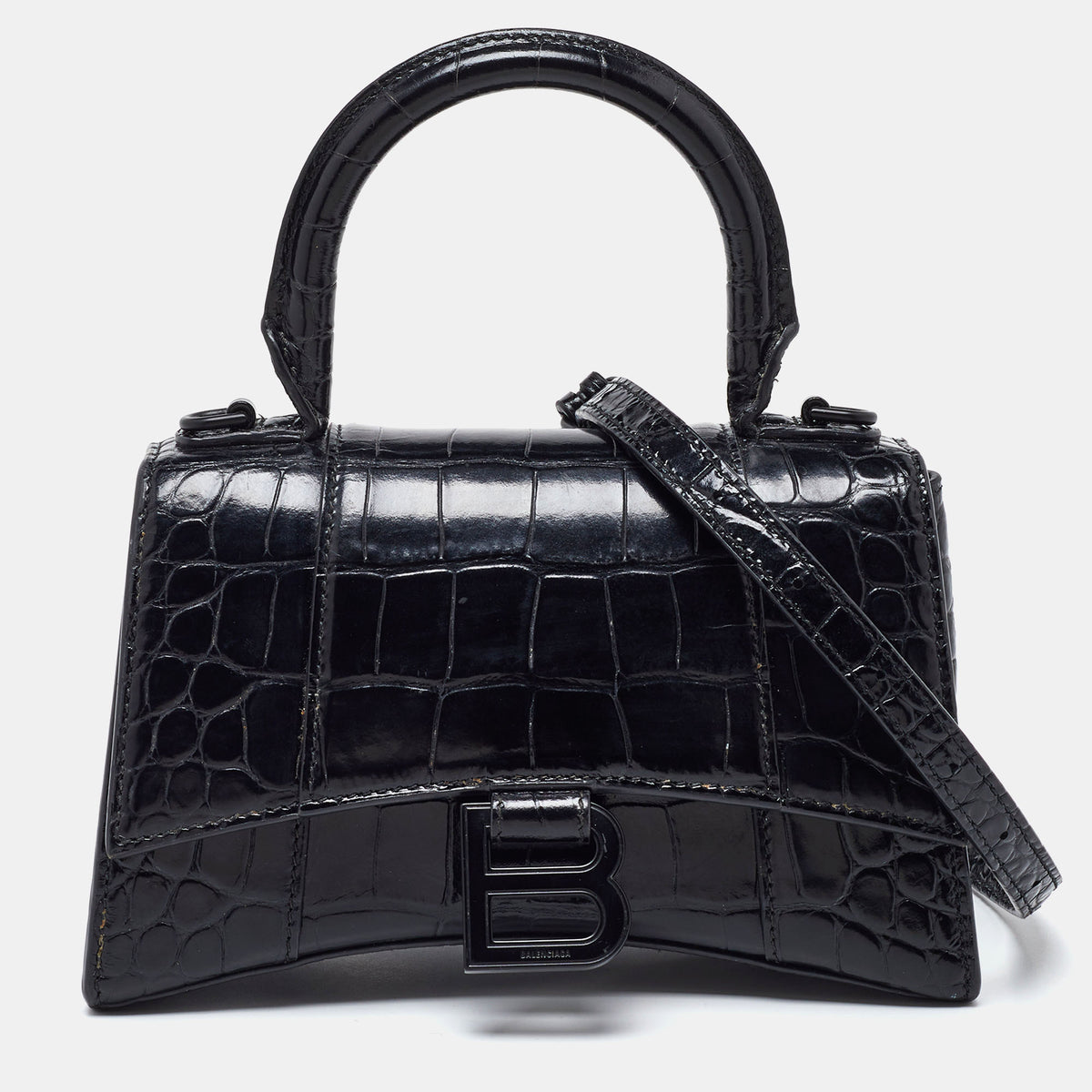 Balenciaga Black Croc Embossed Leather XS Hourglass Top Handle Bag