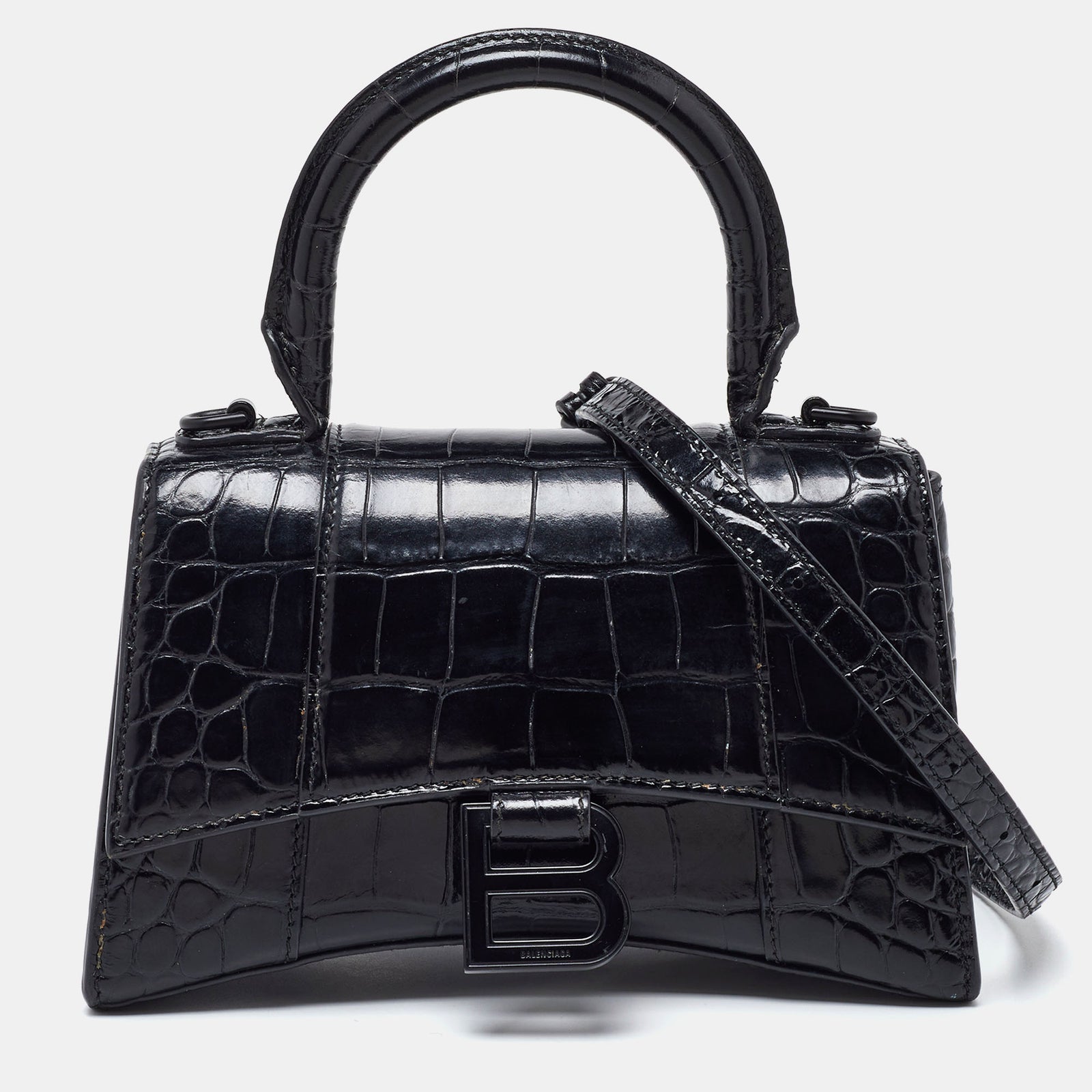 Balenciaga XS Hourglass-Tasche aus krokodilgeprägtem Leder in Schwarz mit Henkel