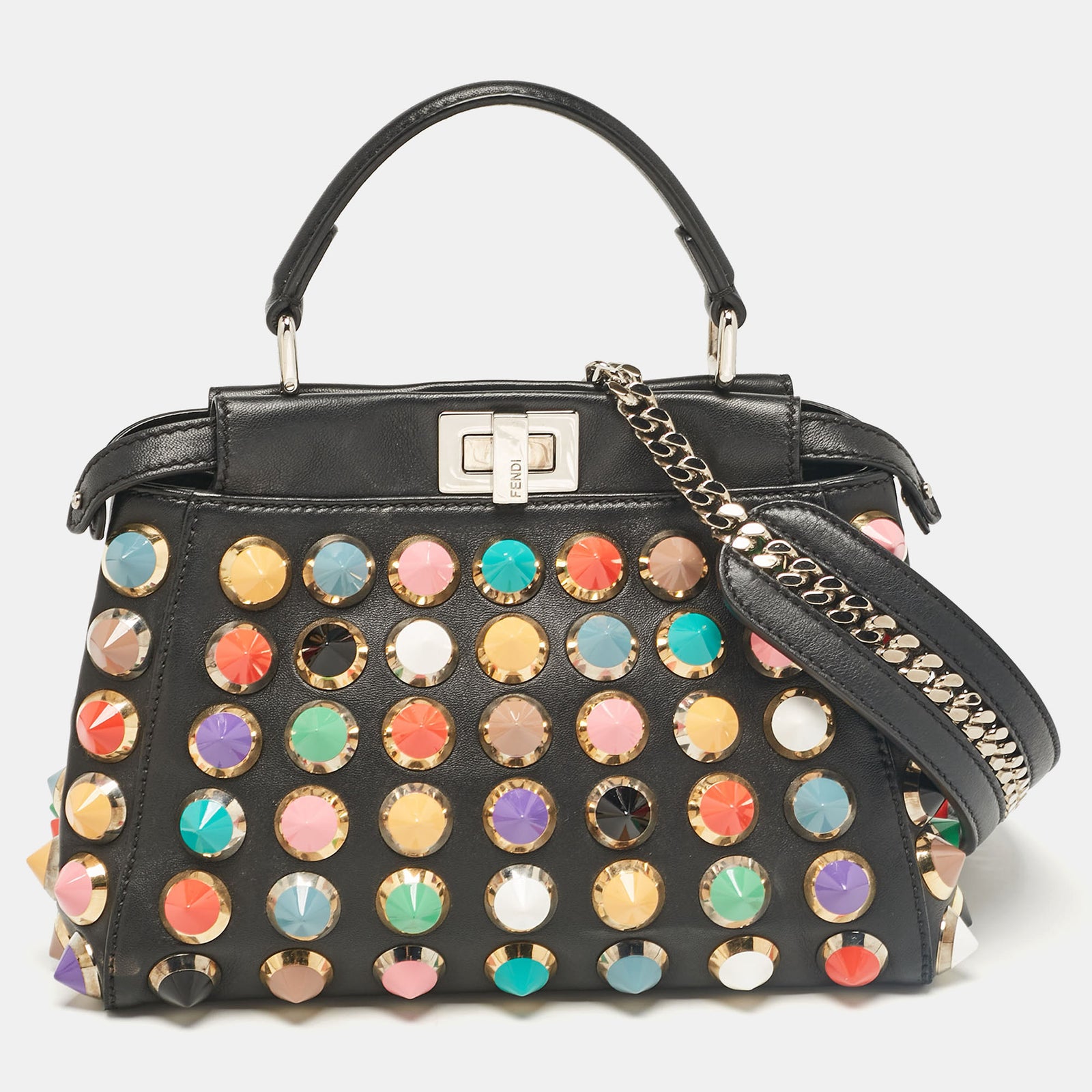 Fendi Black Leather Studded Peekaboo Top Handle Bag