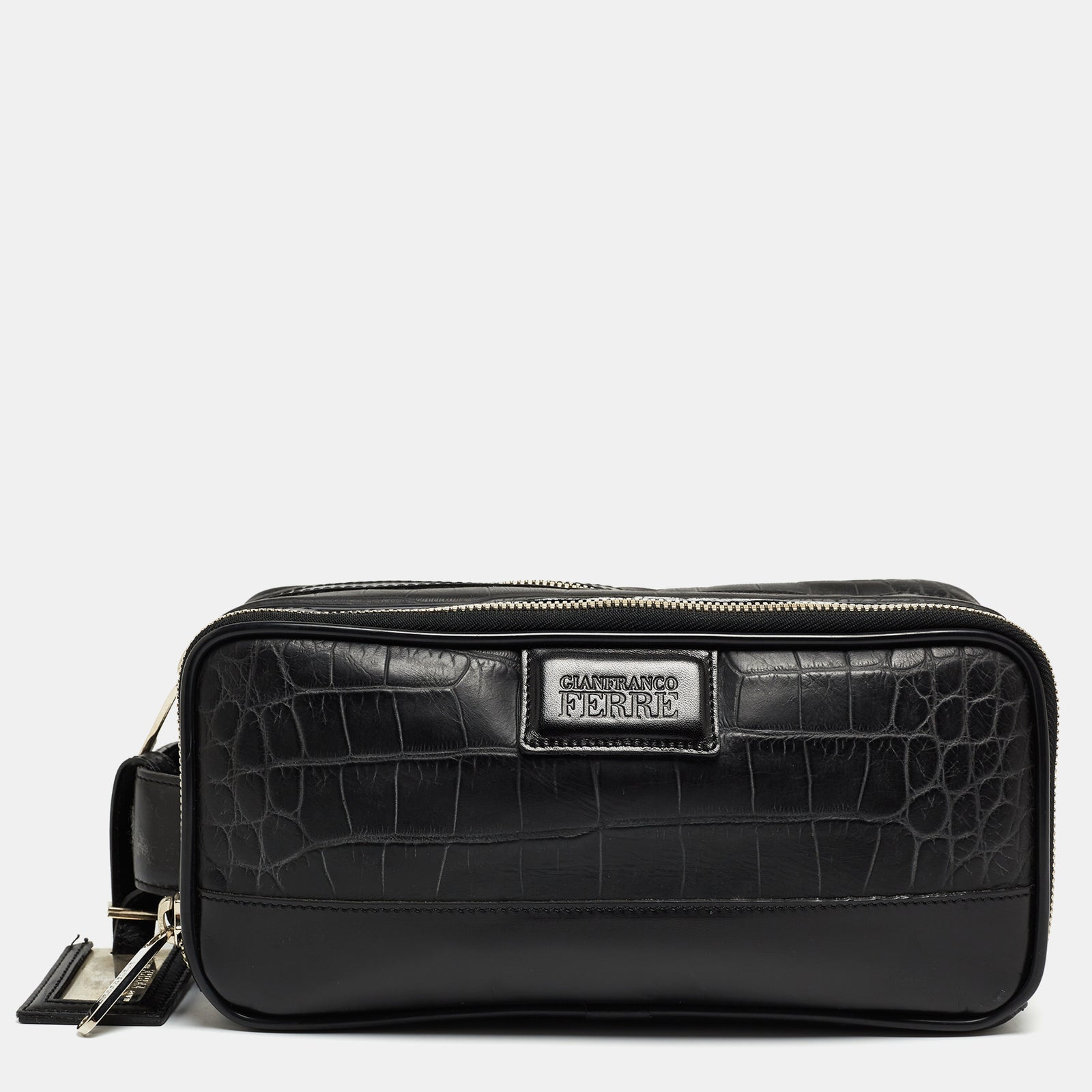 Gianfranco Ferre Black Croc Embossed Leather Oversized Pouch