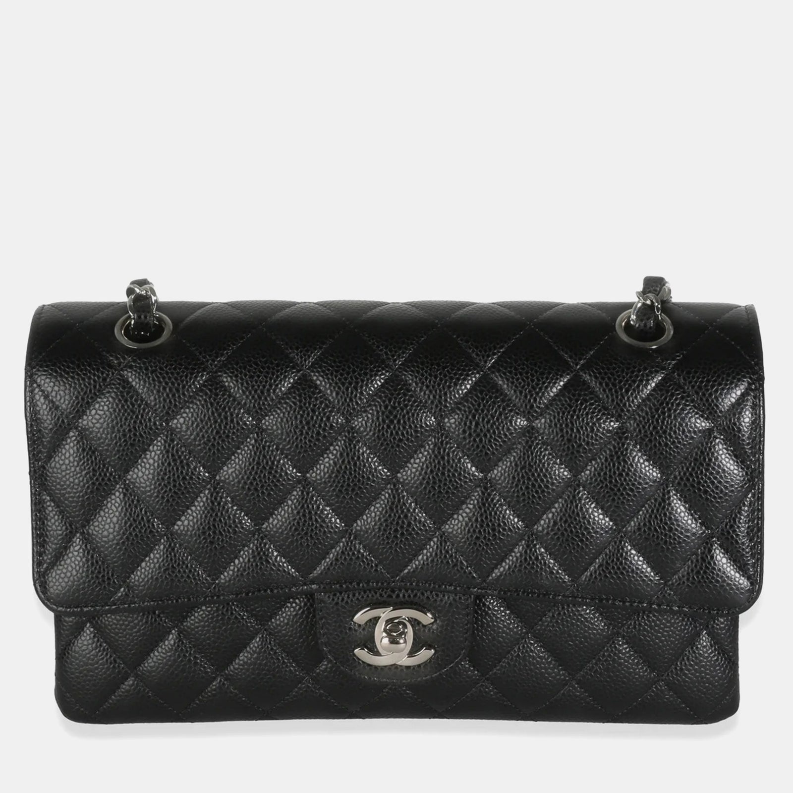 Chanel Schwarze, gesteppte, mittelgroße klassische Caviar-Tasche mit Doppelklappe