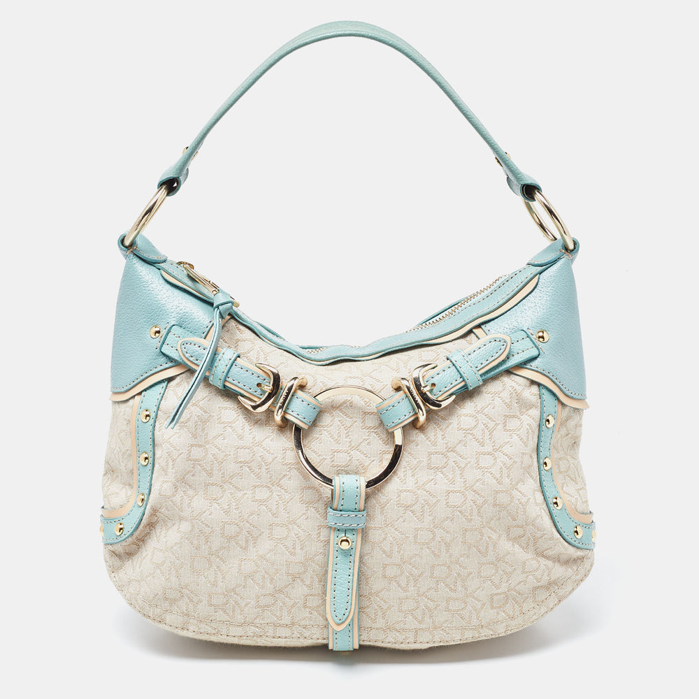 DKNY Cream/Blue Monogram Canvas and Leather Buckle Hobo