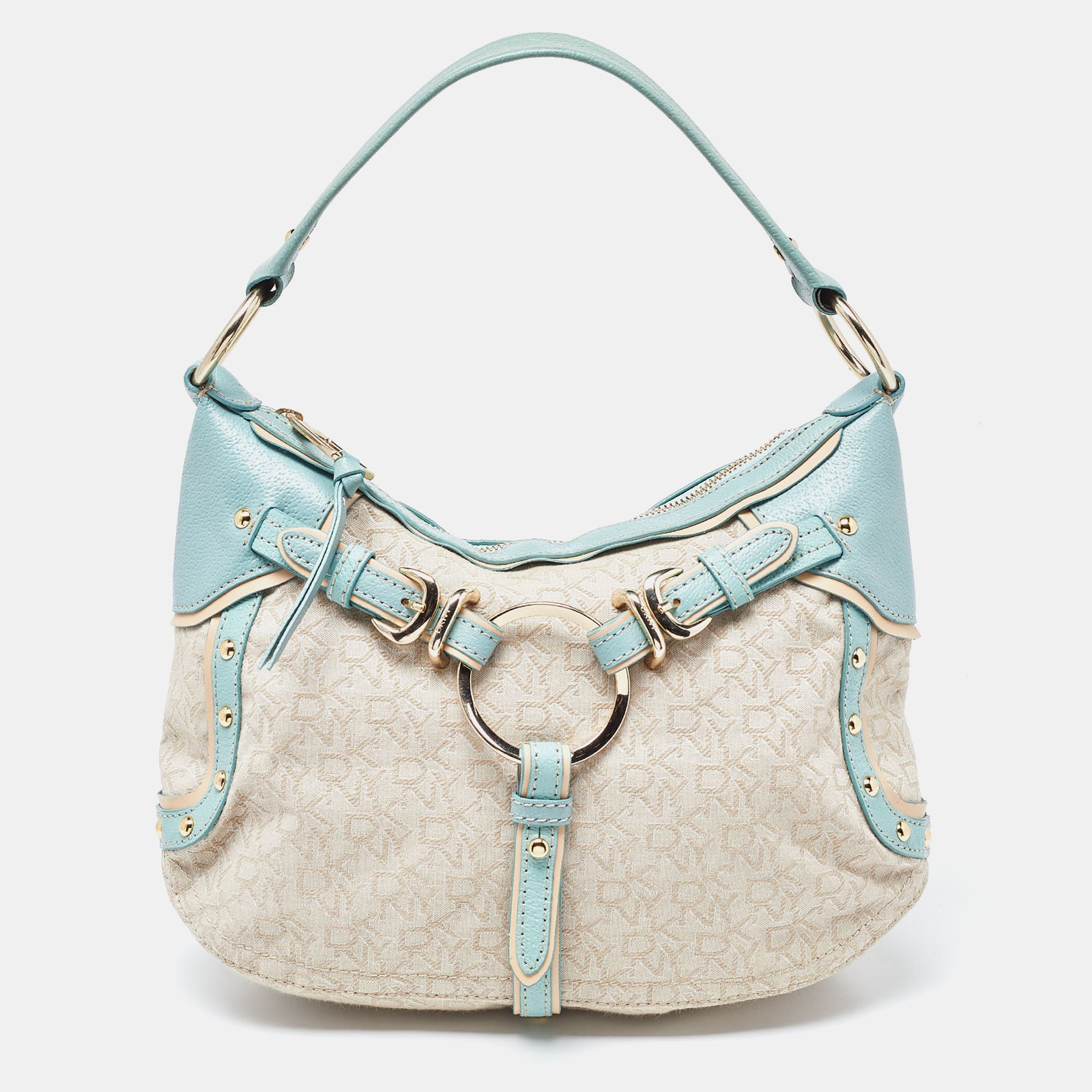 DKNY DKNY Cream/Blue Monogram Canvas and Leather Buckle Hobo