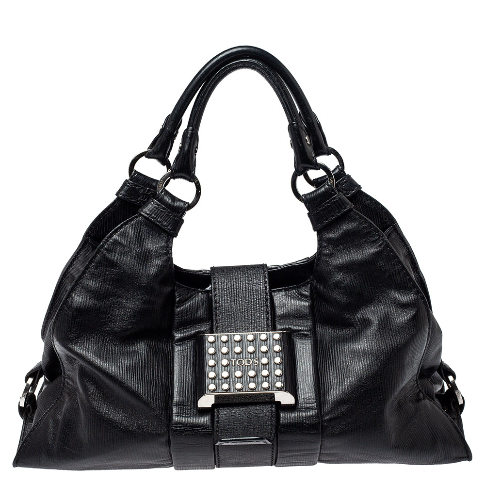 Tod's Black Leather Studded Lock Flap Shoulder Bag