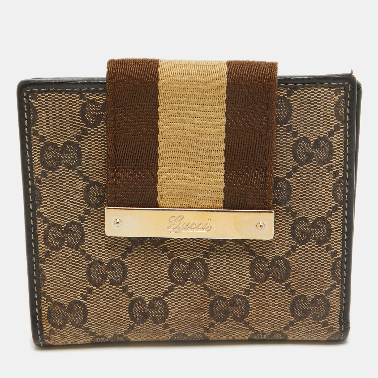 Gucci Beige/Brown GG Supreme Canvas Web Flap French Wallet