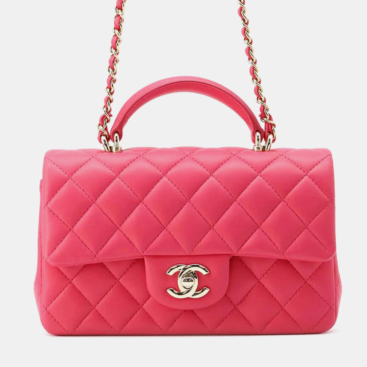 Chanel Pink Lambskin Top Handle Mini Flap Bag Size 20