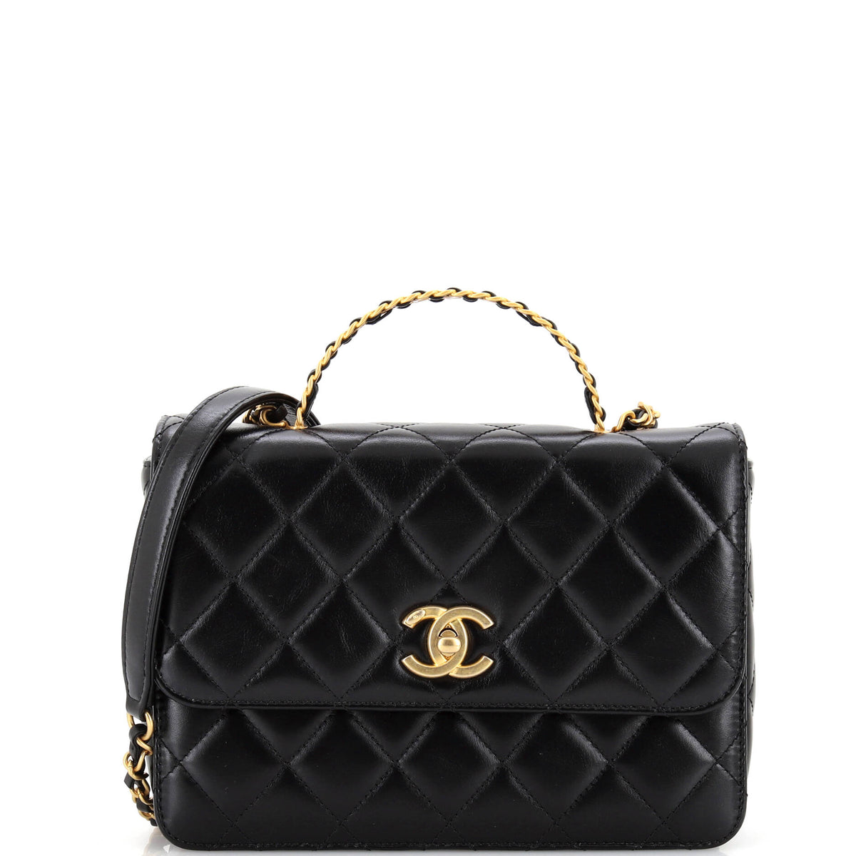 Chanel CHANEL Logo Links Top Handle Flap Bag Quilted Calfskin Small