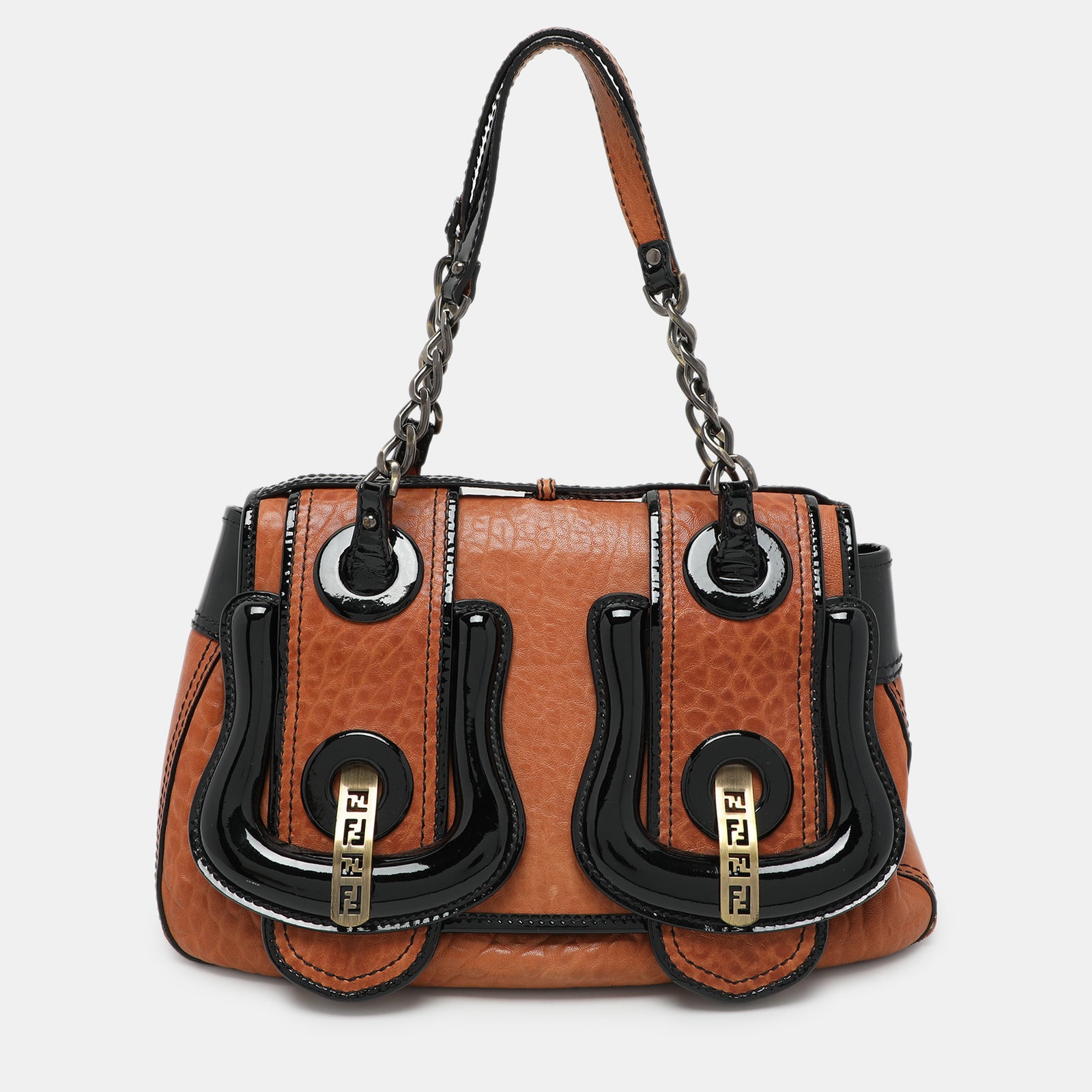 Fendi Black/Brown Patent and Leather B Shoulder Bag