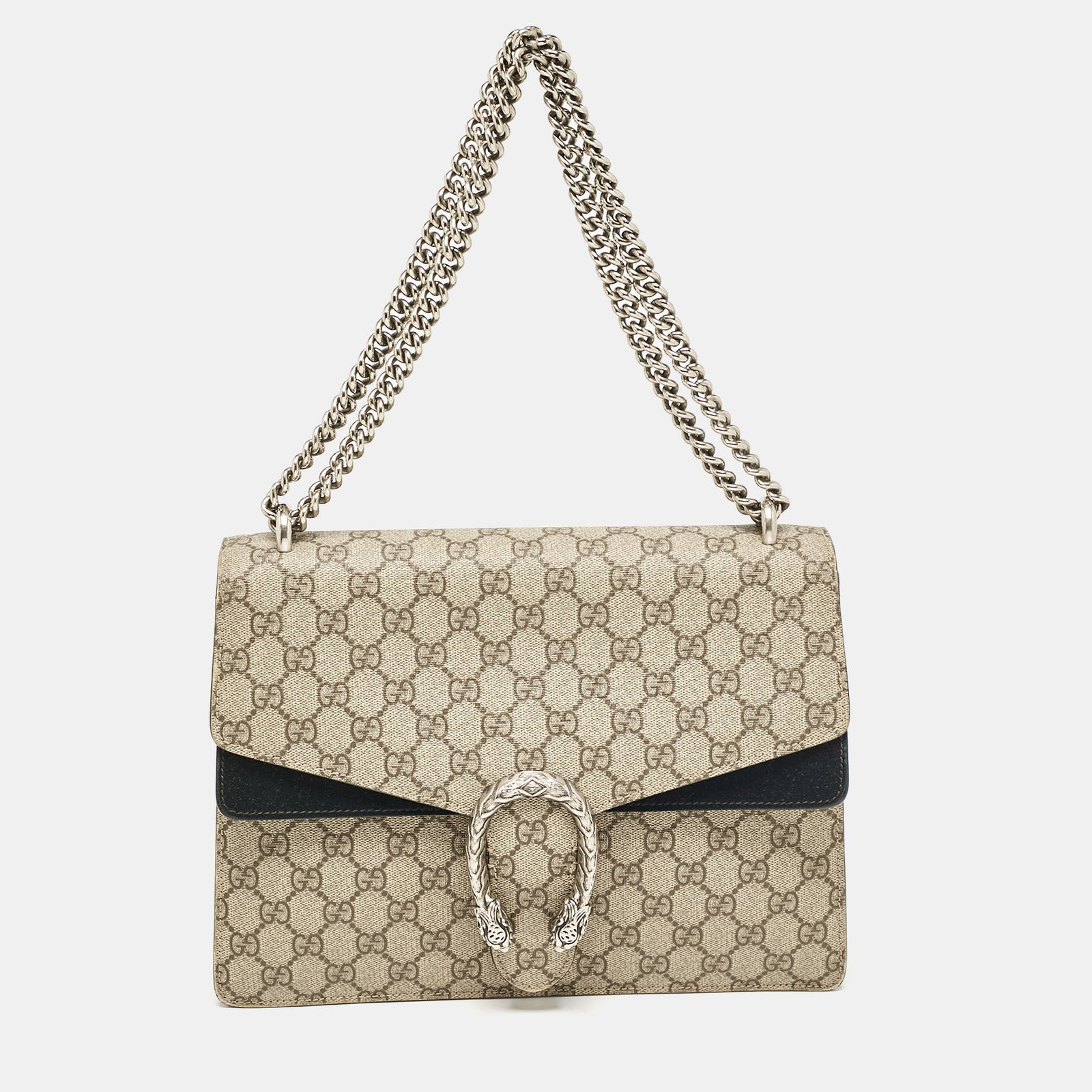 Gucci Mittelgroße Dionysus-Umhängetasche aus GG Supreme-Canvas und Wildleder in Beige/Schwarz