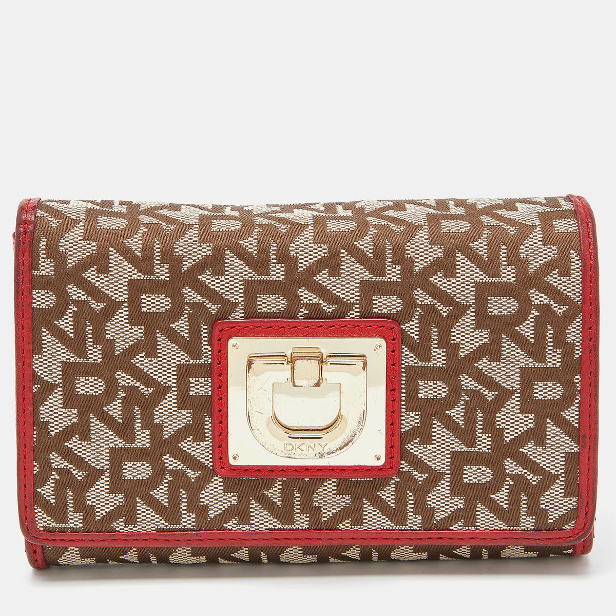 DKNY DKNY Beige/Red Signature Canvas and Leather French Wallet