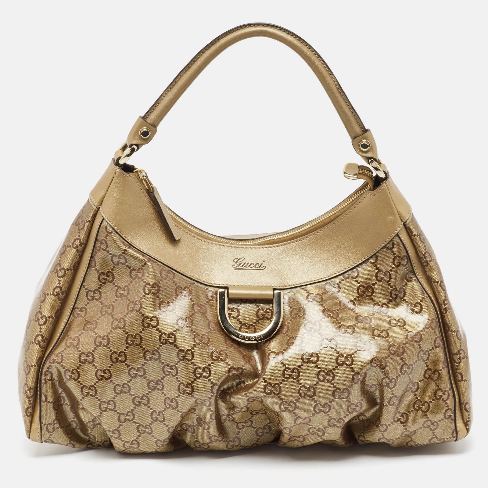 Gucci Hobo-Tasche aus Canvas mit GG Kristallen und großem D-Ring in Beige/Gold