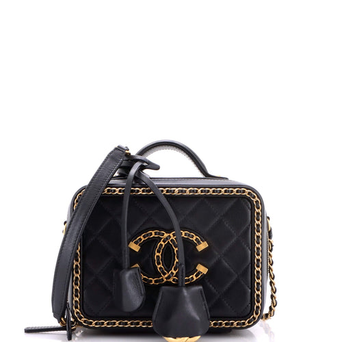 CHANEL Filigree Vanity Case Quilted Goatskin with Chain Detail Small