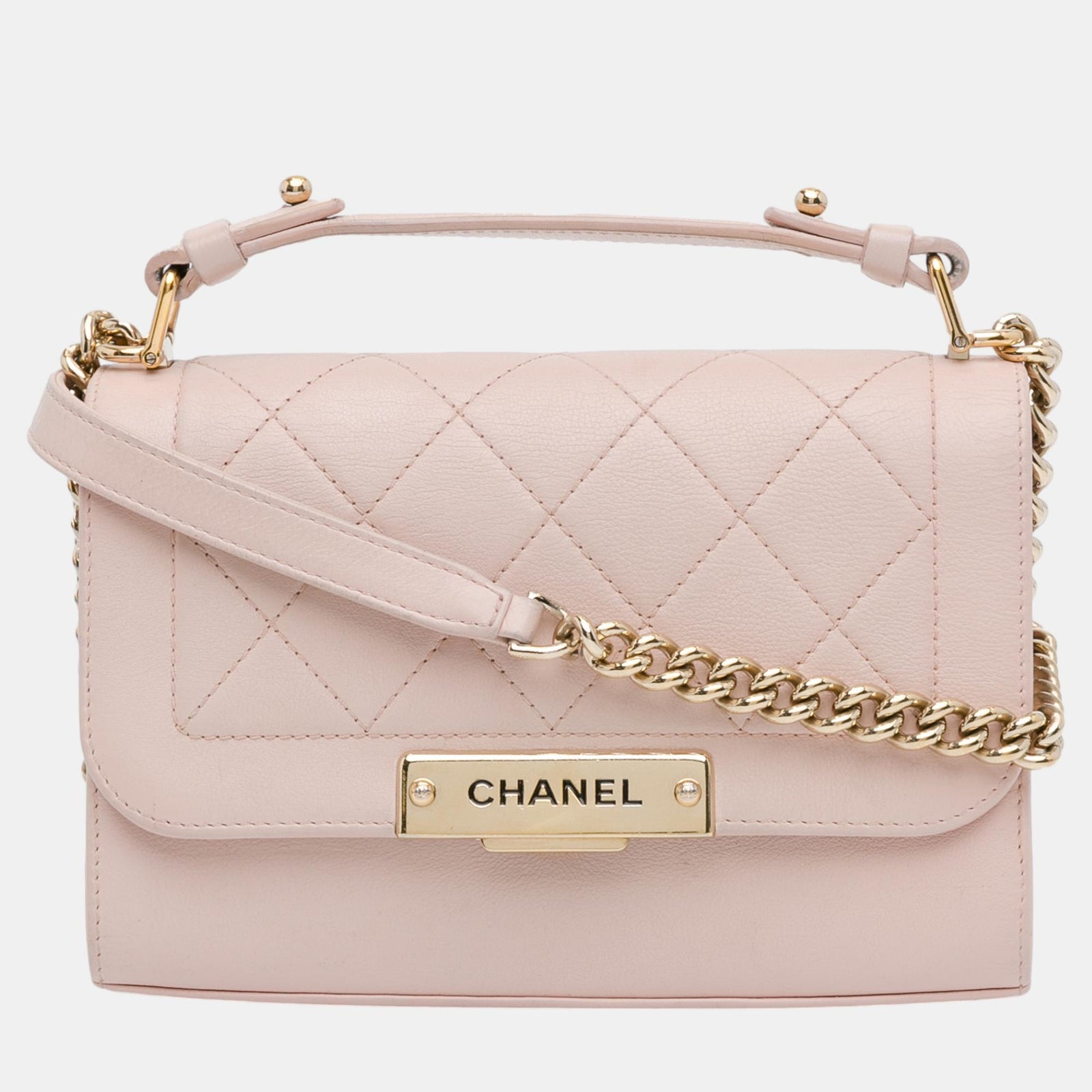 Chanel Sac à rabat à clic en cuir beige avec petite étiquette