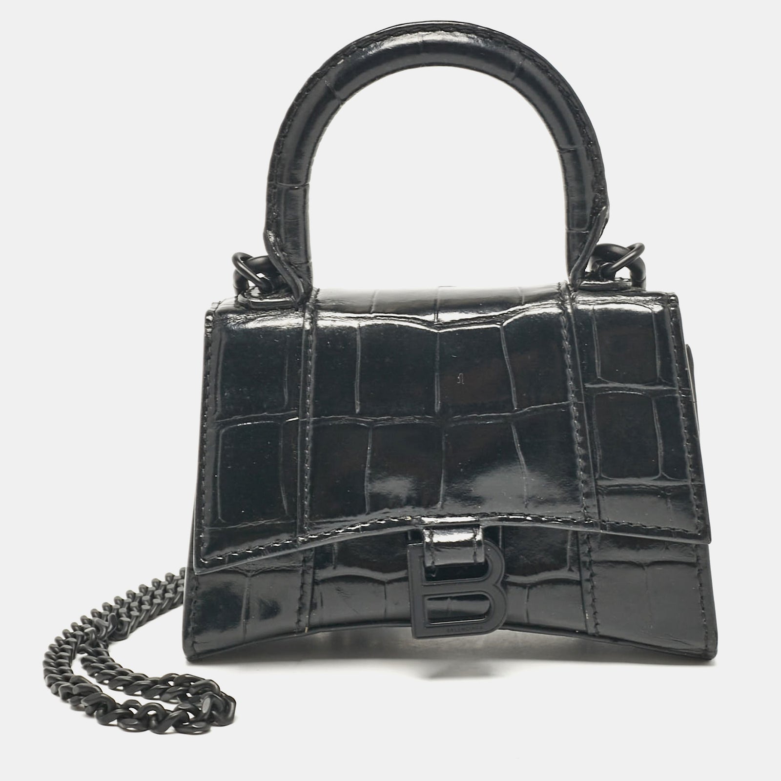 Balenciaga Black Croc Embossed Leather Mini Chain Hourglass Bag