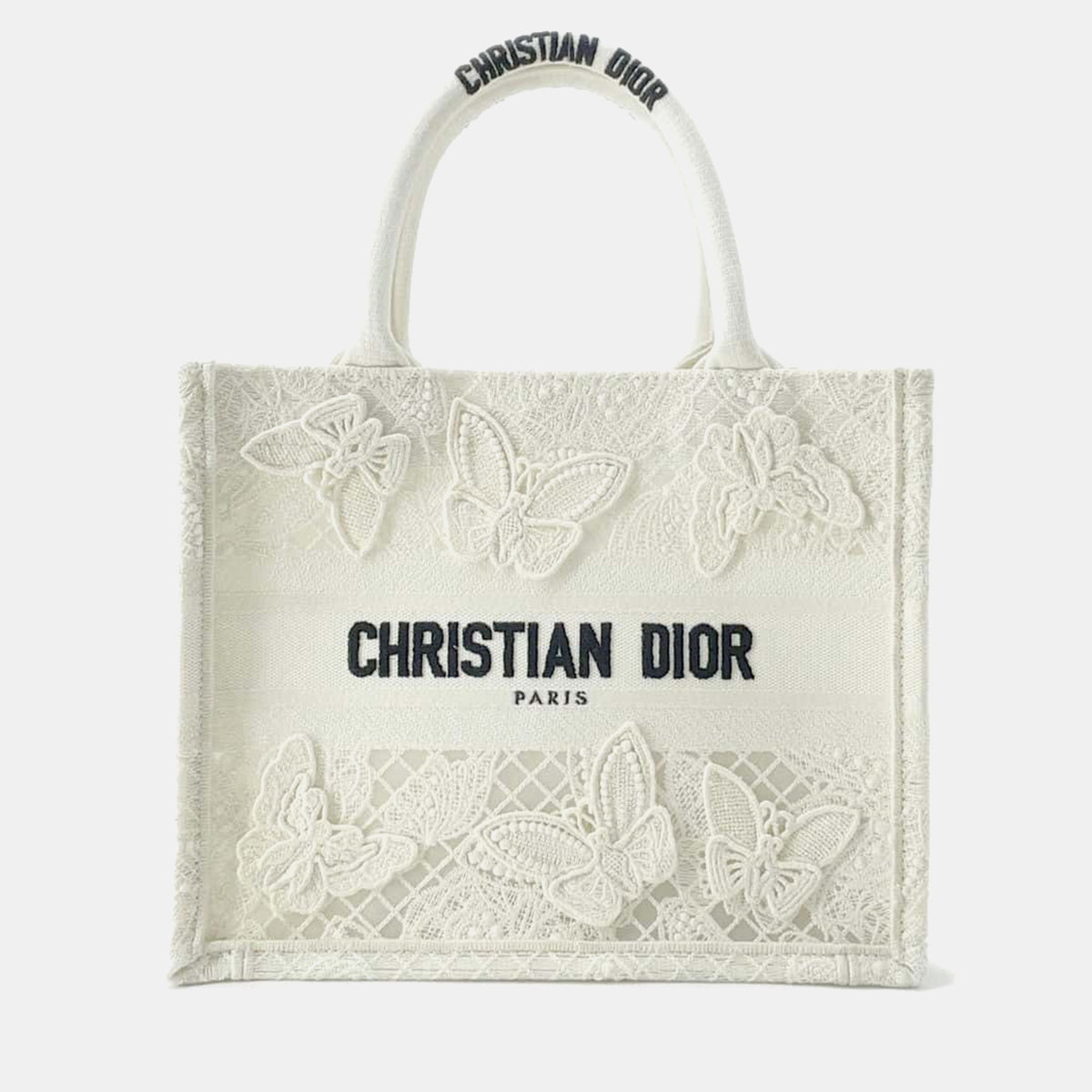 Dior White Canvas Embroidery Butterfly Book Tote bag  Size Small