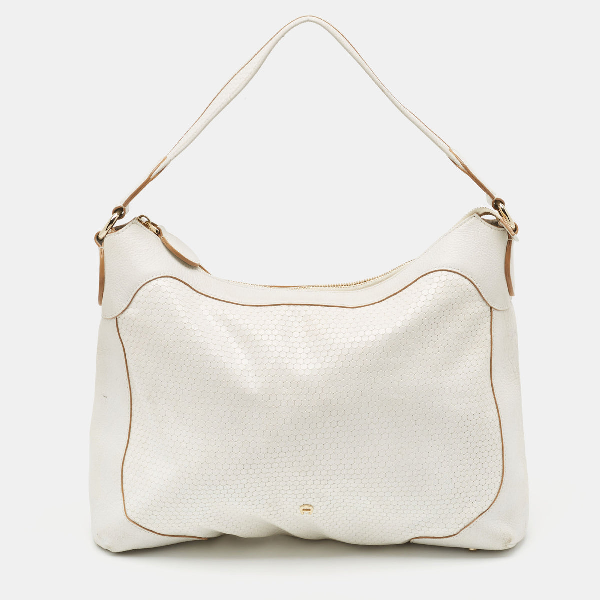 Aigner White Embossed Leather Zip Hobo