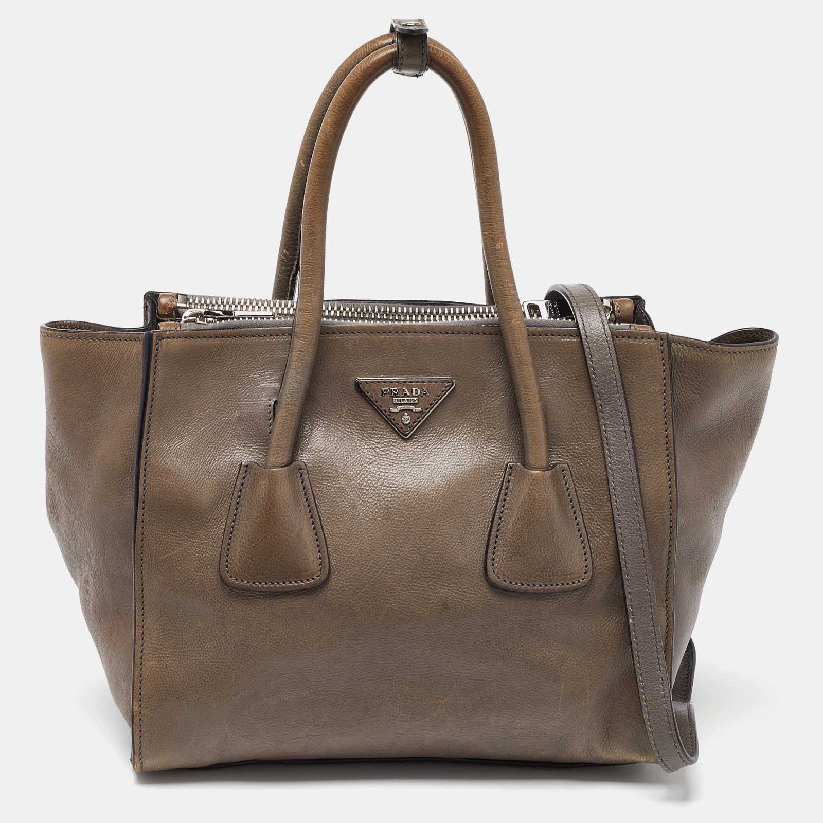 Prada Grey Leather Double Handle Tote