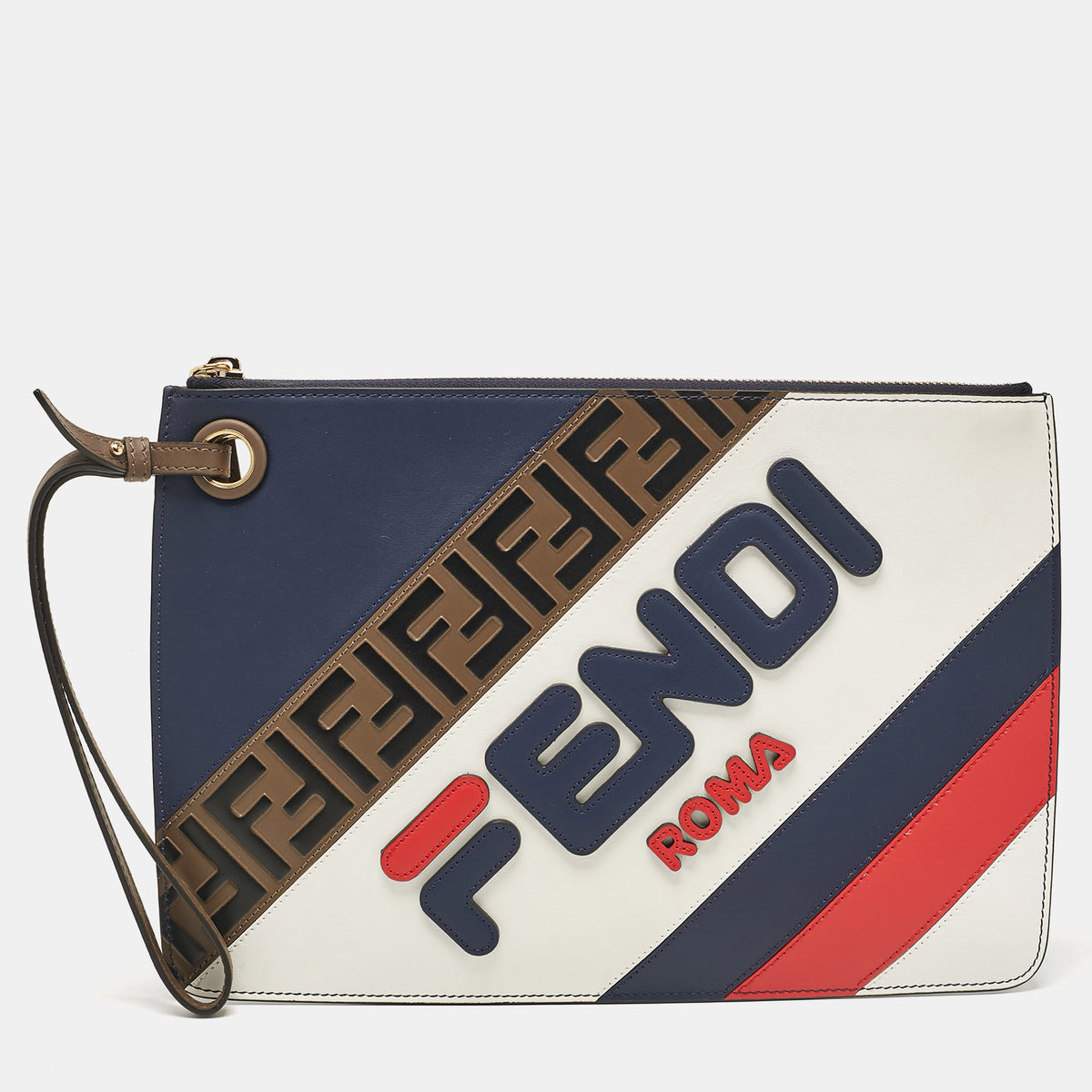 Fendi X Fila Multicolor Leather Logo Mania Wristlet Pouch