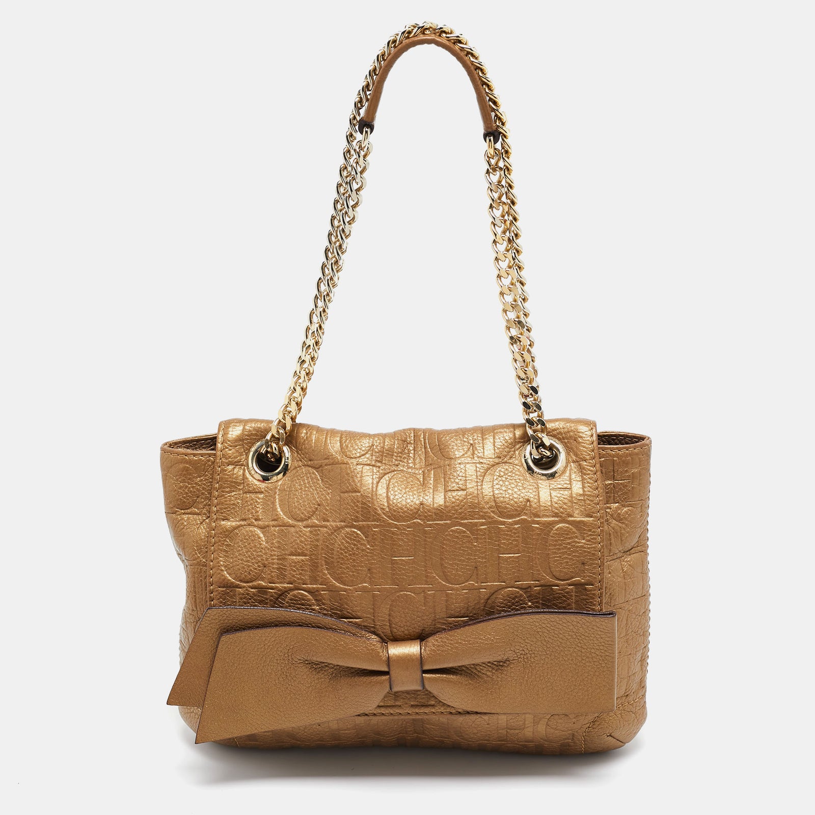 Ch Carolina Herrera Gold Monogram Leather Audrey Shoulder Bag