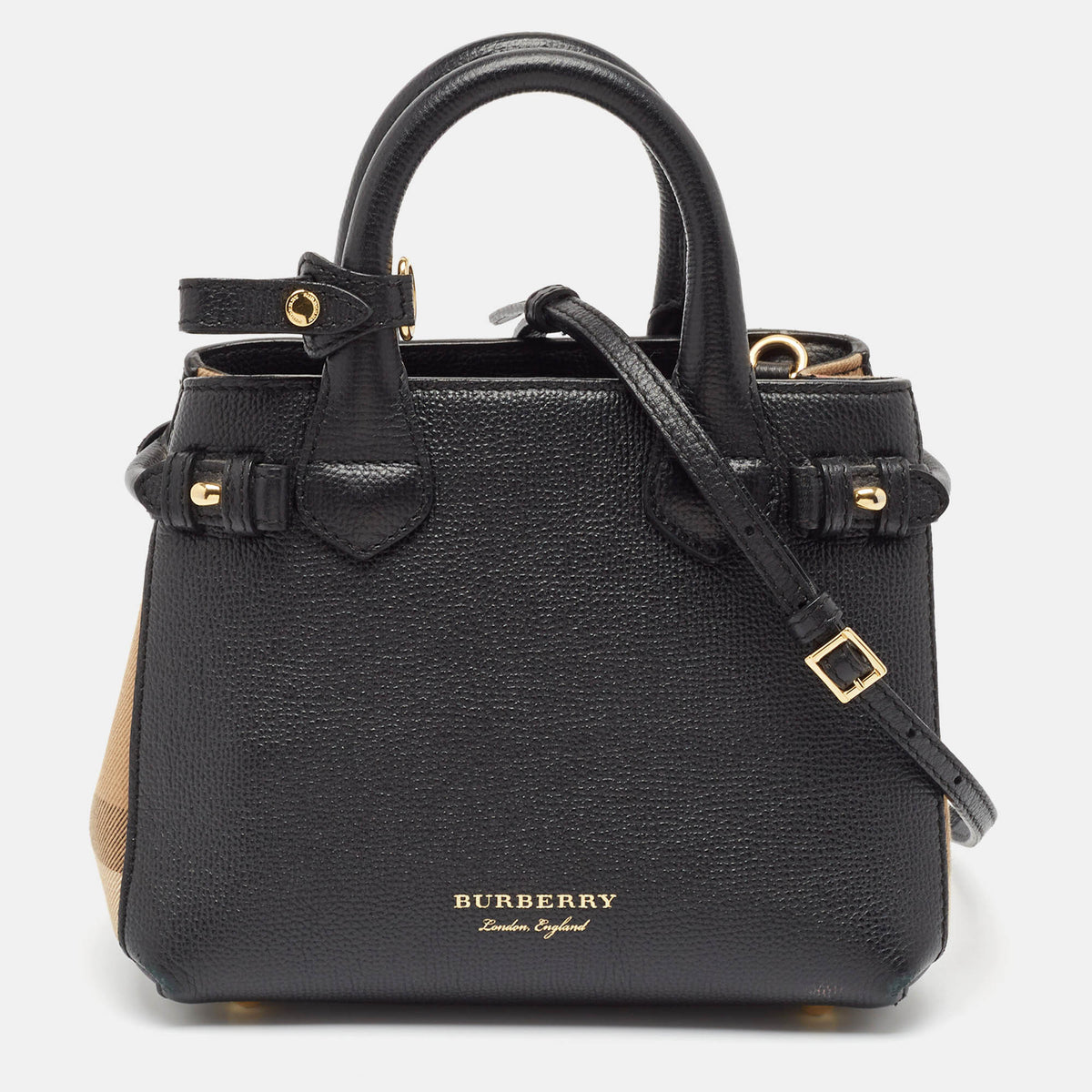 Burberry Black/Beige House Check Fabric and Leather Mini Banner Tote